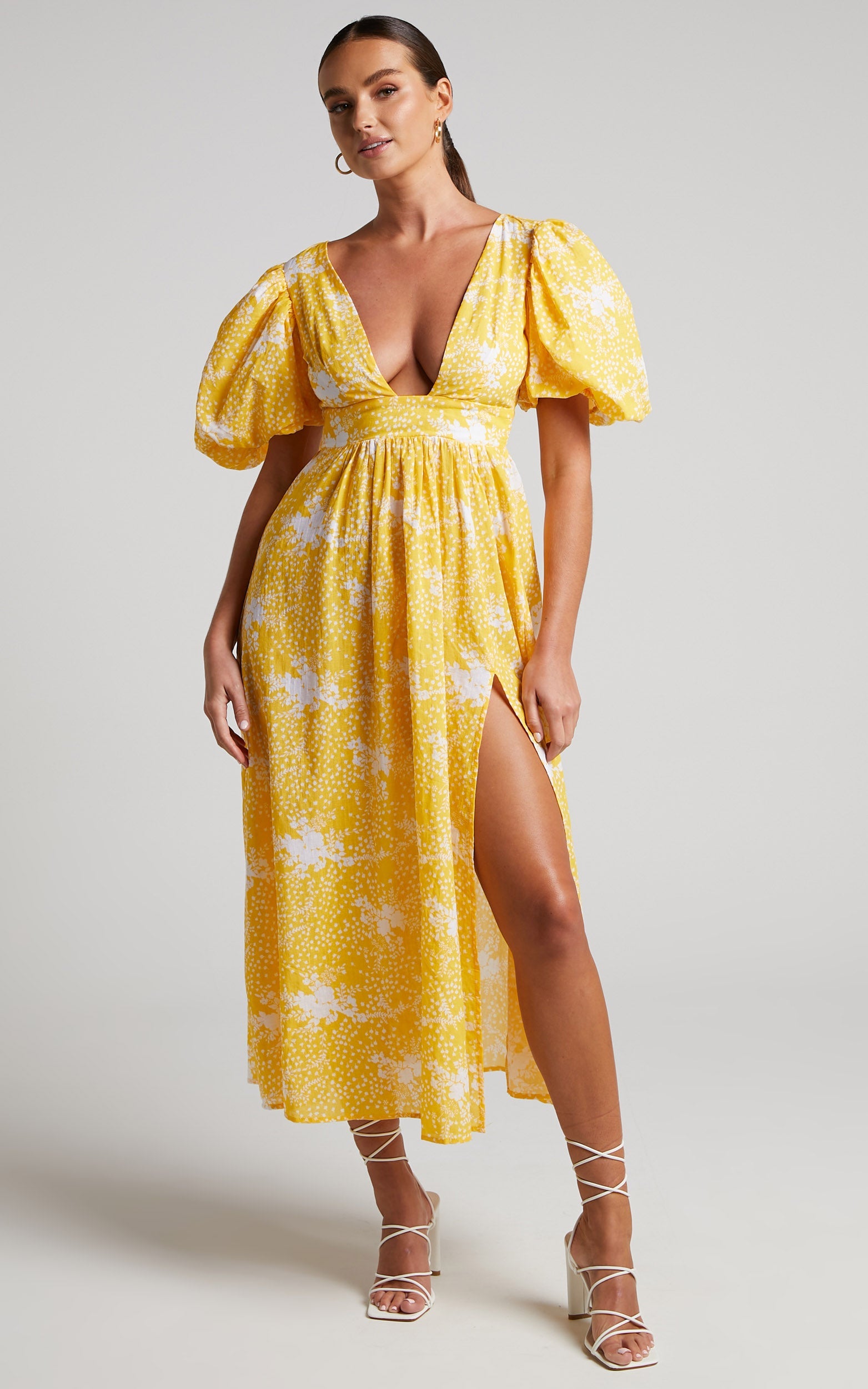 Ailiza Midi Dress - Puff Sleeve Open Back Dress in Yellow Floral
