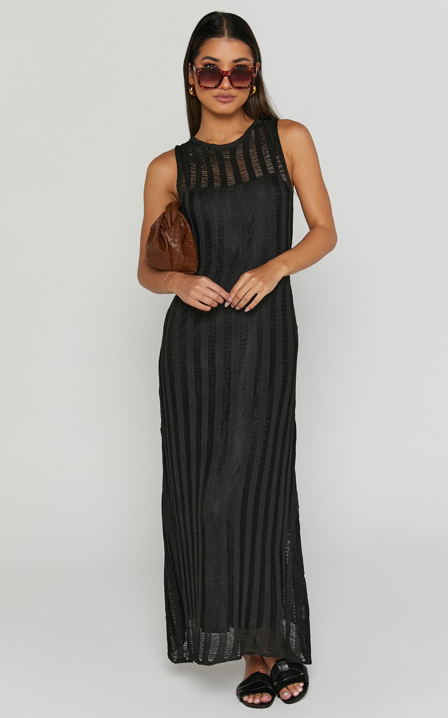 Aimee Midi Dress - Sleeveless Flared Knit Dress in Black
