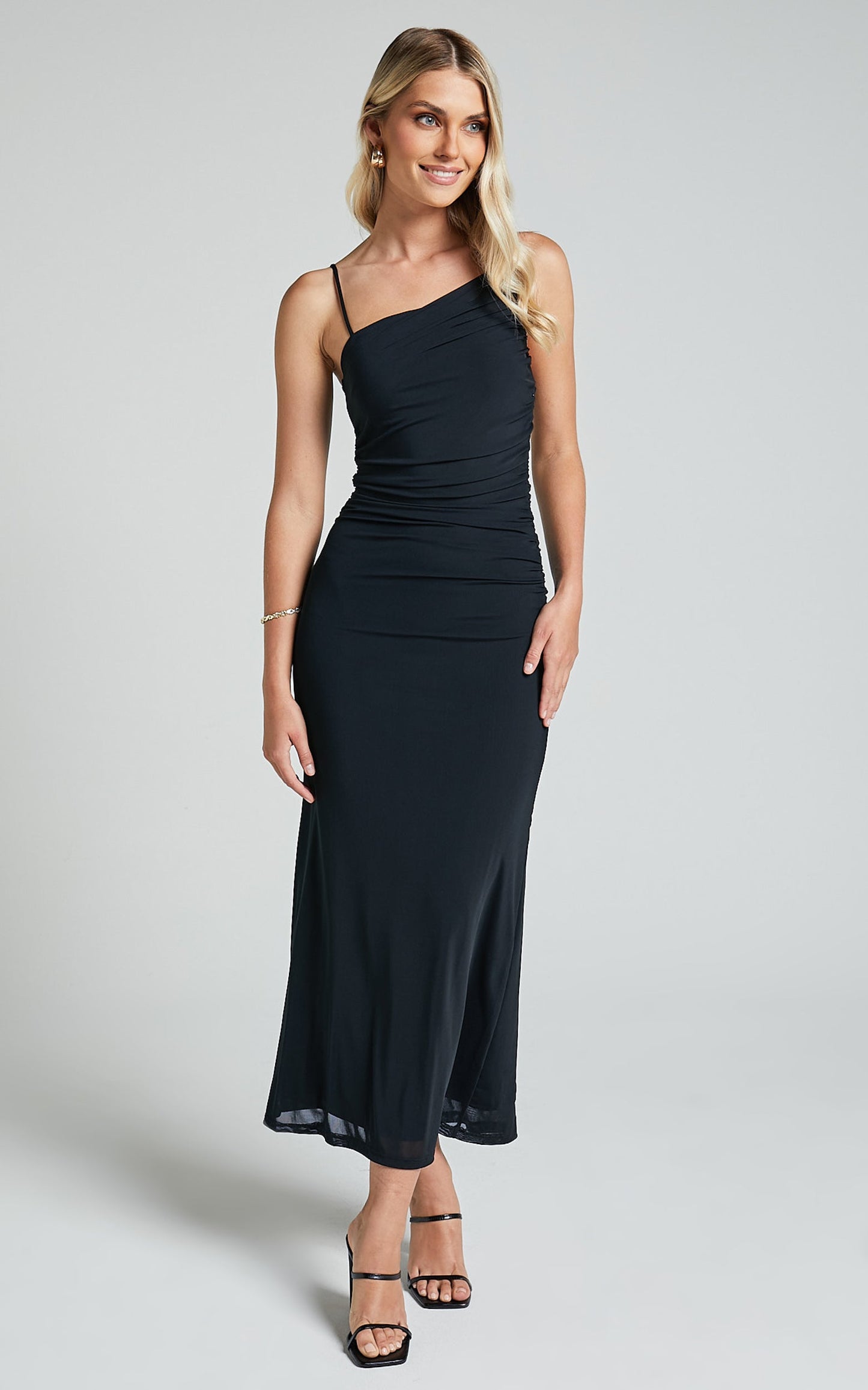 Aimee Midi Dress - Mesh One Shoulder Ruched Dress in Black
