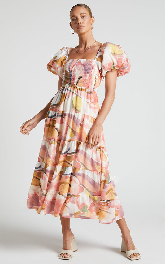 Aine Maxi Dress - Shirred Puff Sleeve Square Neck Tiered Dress in Peach Floral