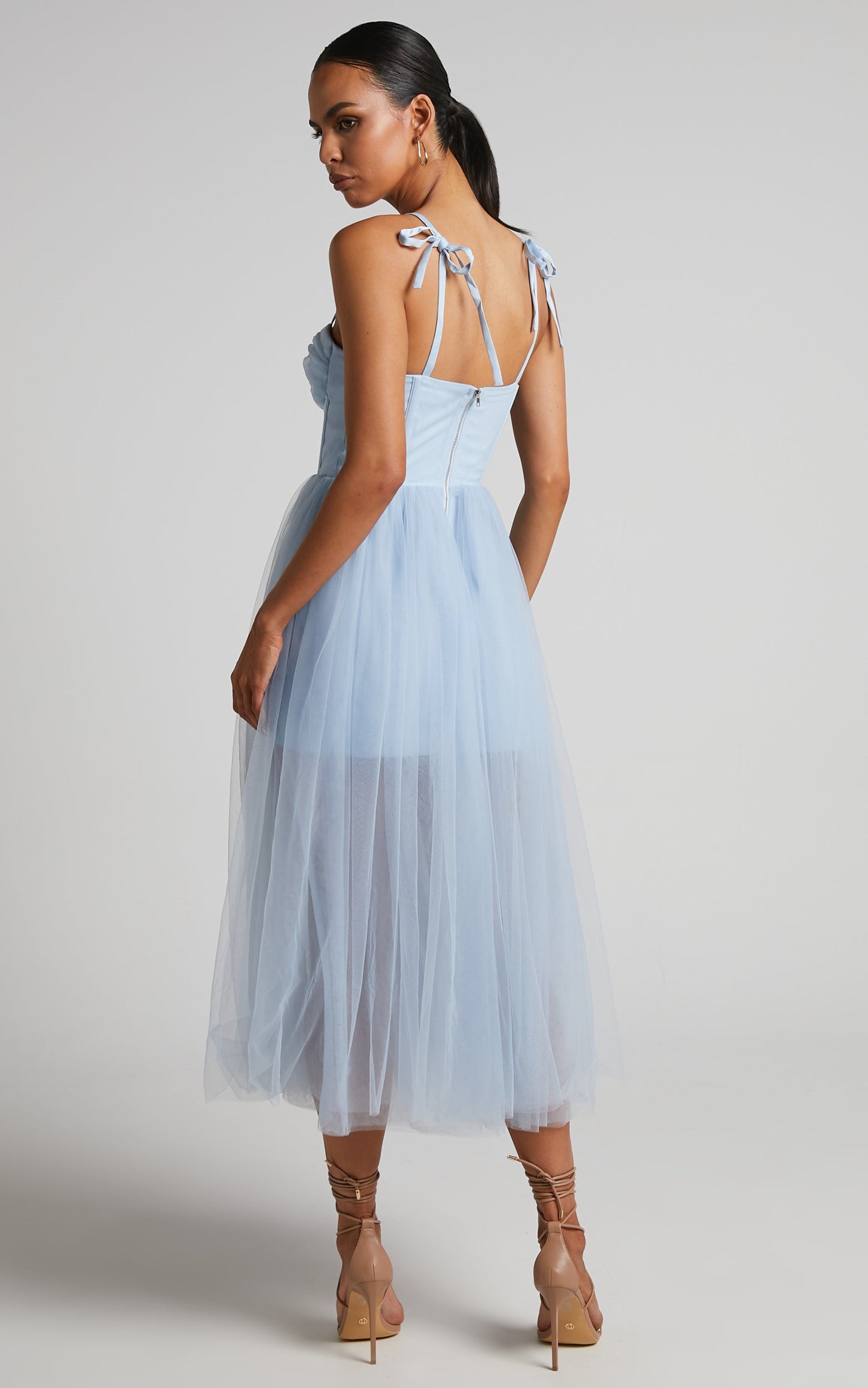 Aisha Midi Dress - Bustier Bodice Tulle Dress in Ice Blue