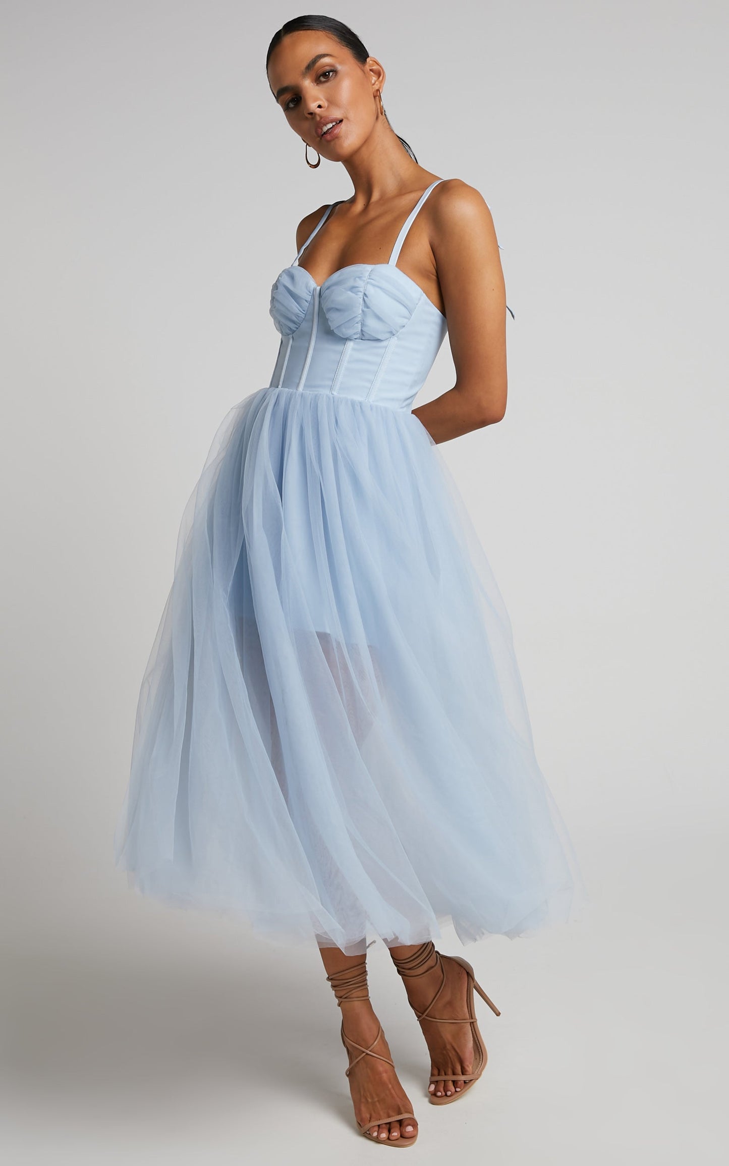 Aisha Midi Dress - Bustier Bodice Tulle Dress in Ice Blue