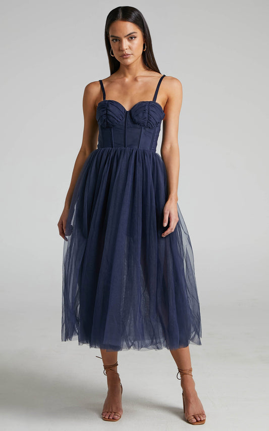 Aisha Midi Dress - Bustier Bodice Tulle Dress in Navy