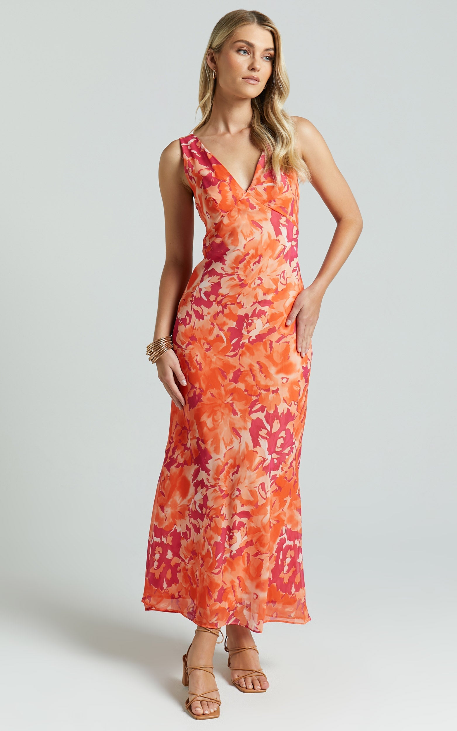 Aizelle Midi Dress - V Neck Dress in Orange Floral