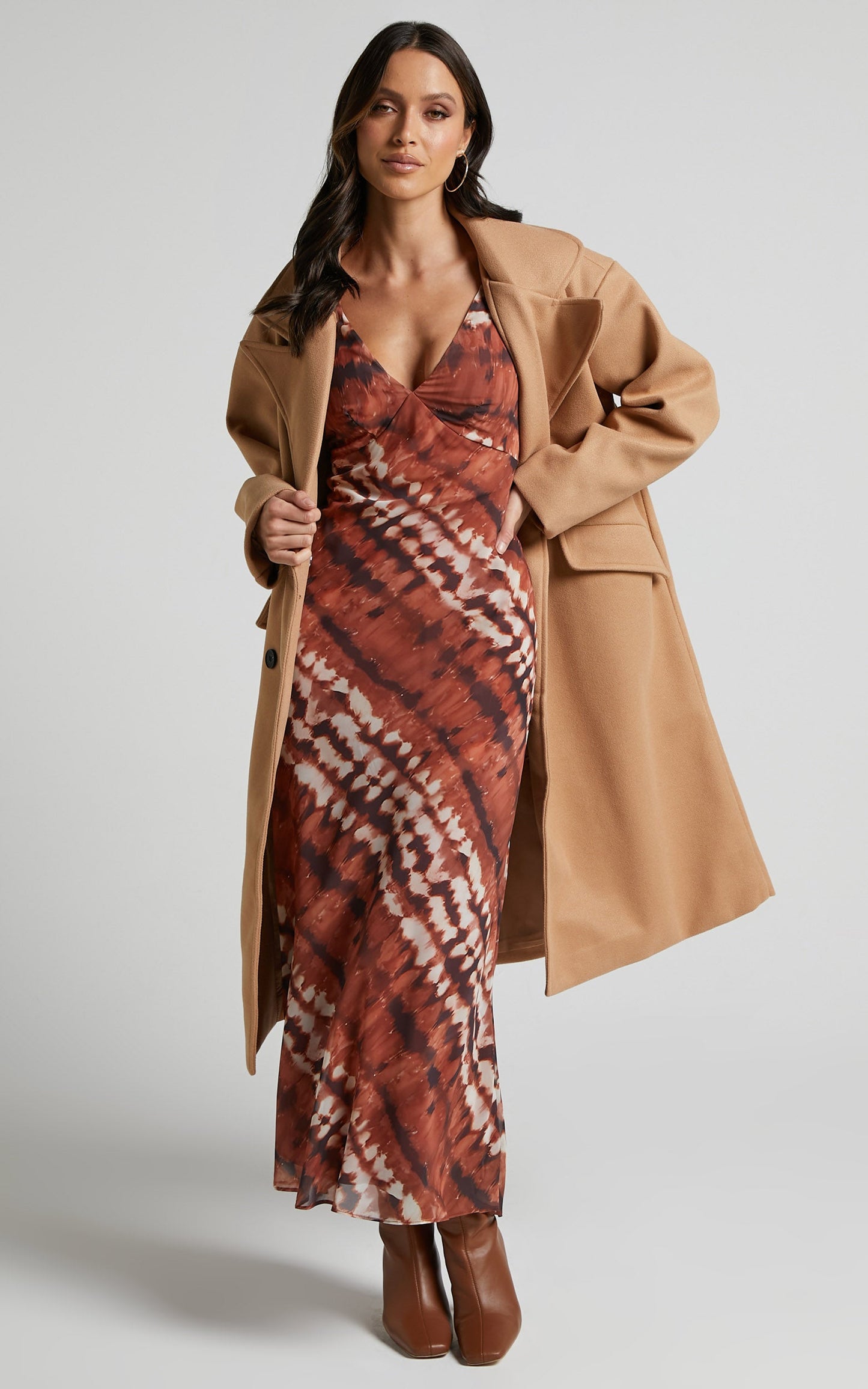 Aizelle Midi Dress - V Neck Dress in Brown Tie Dye