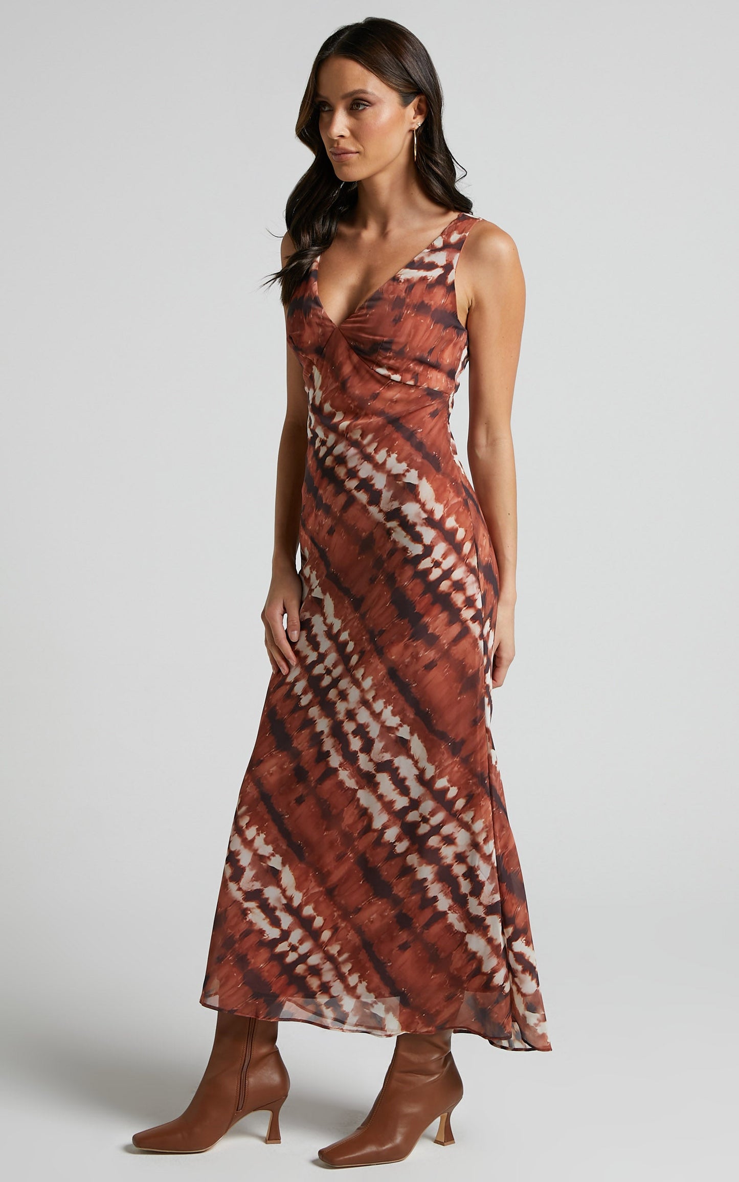 Aizelle Midi Dress - V Neck Dress in Brown Tie Dye