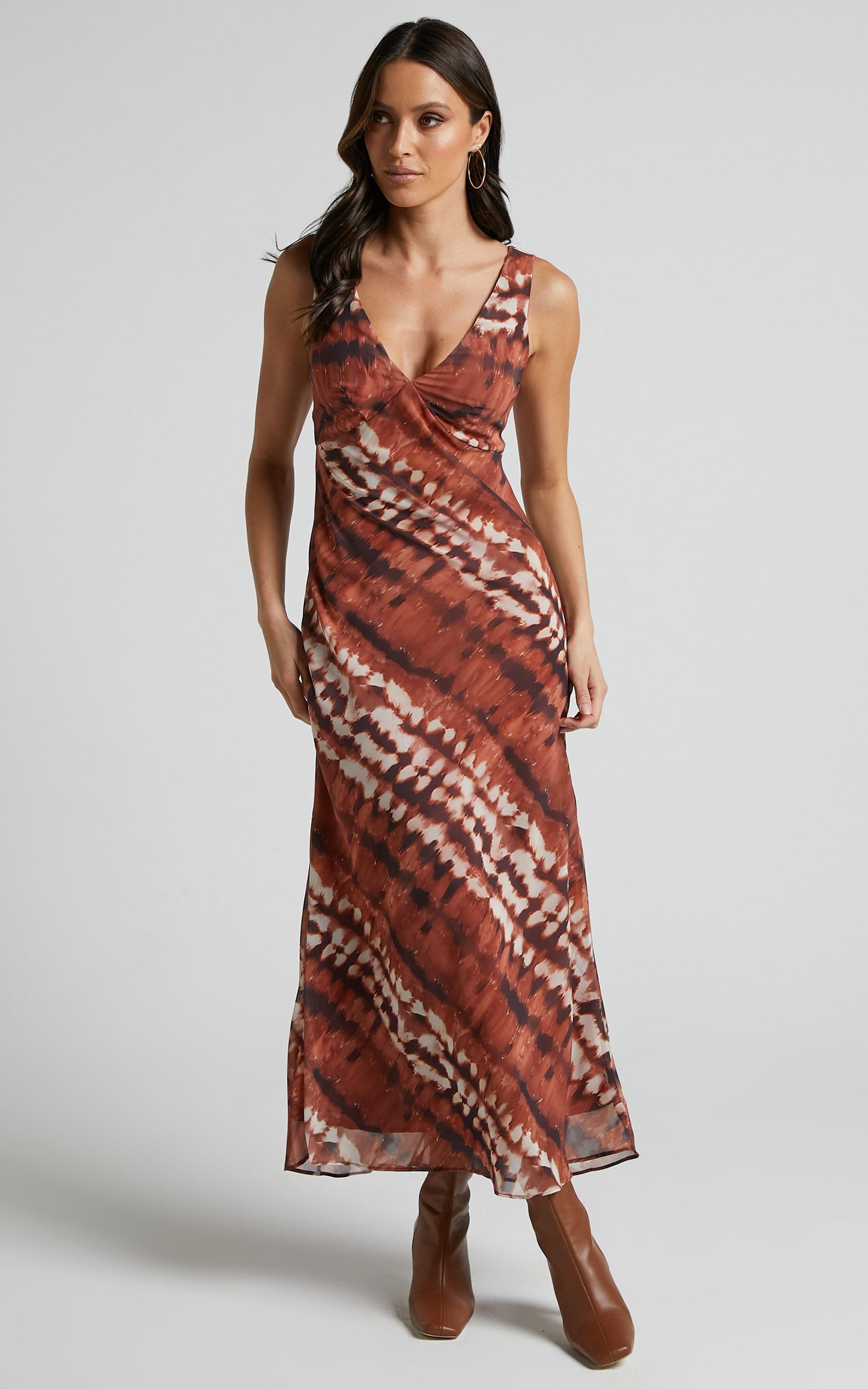 Aizelle Midi Dress - V Neck Dress in Brown Tie Dye