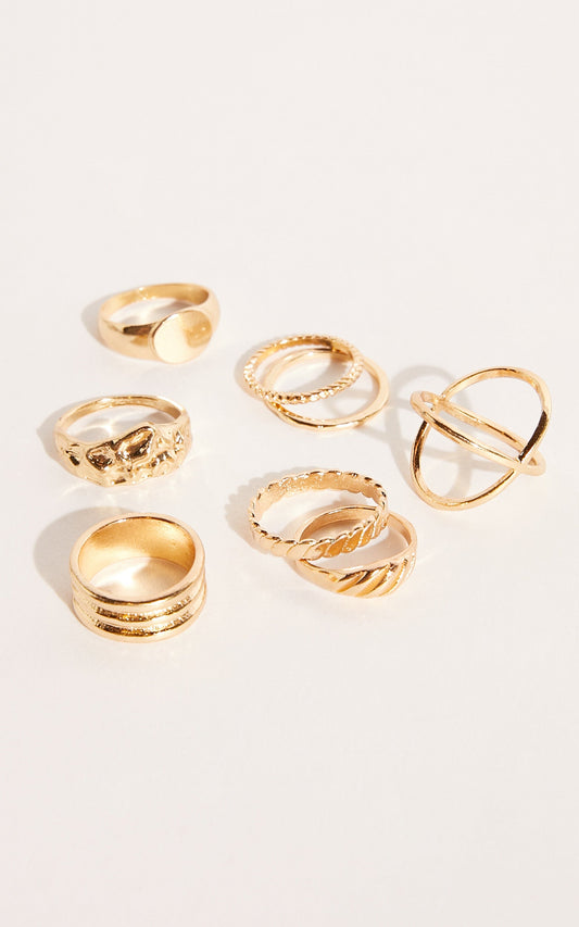 Aizhia Mixed Signet Ring Set - Pack of 8 in Gold