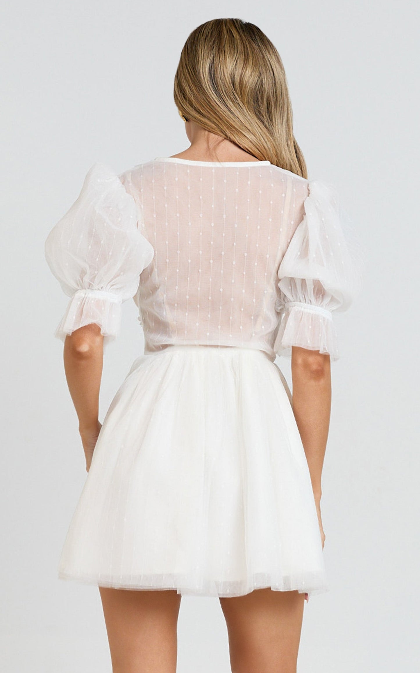 Akshia Mini Dress - Puff Sleeve Floral Detail Plunge Neck Dress in White