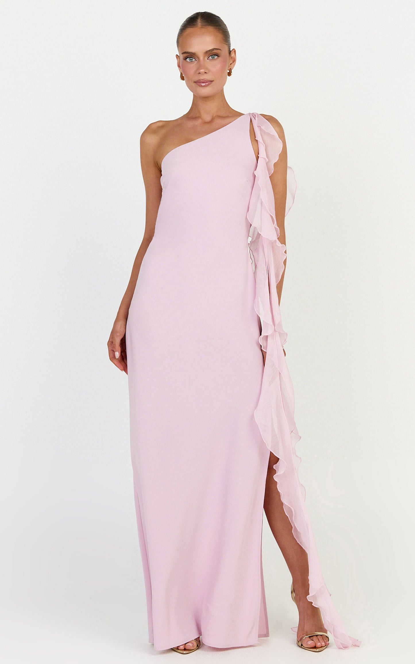 Alani Maxi Dress - Backless One Shoulder Flounce Detail Dress in Pink