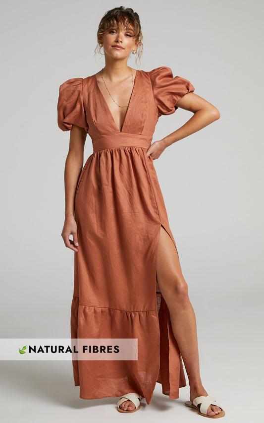 Amalie The Label - Alanice Linen Puff Sleeve Open Back Maxi Linen Dress in Rust