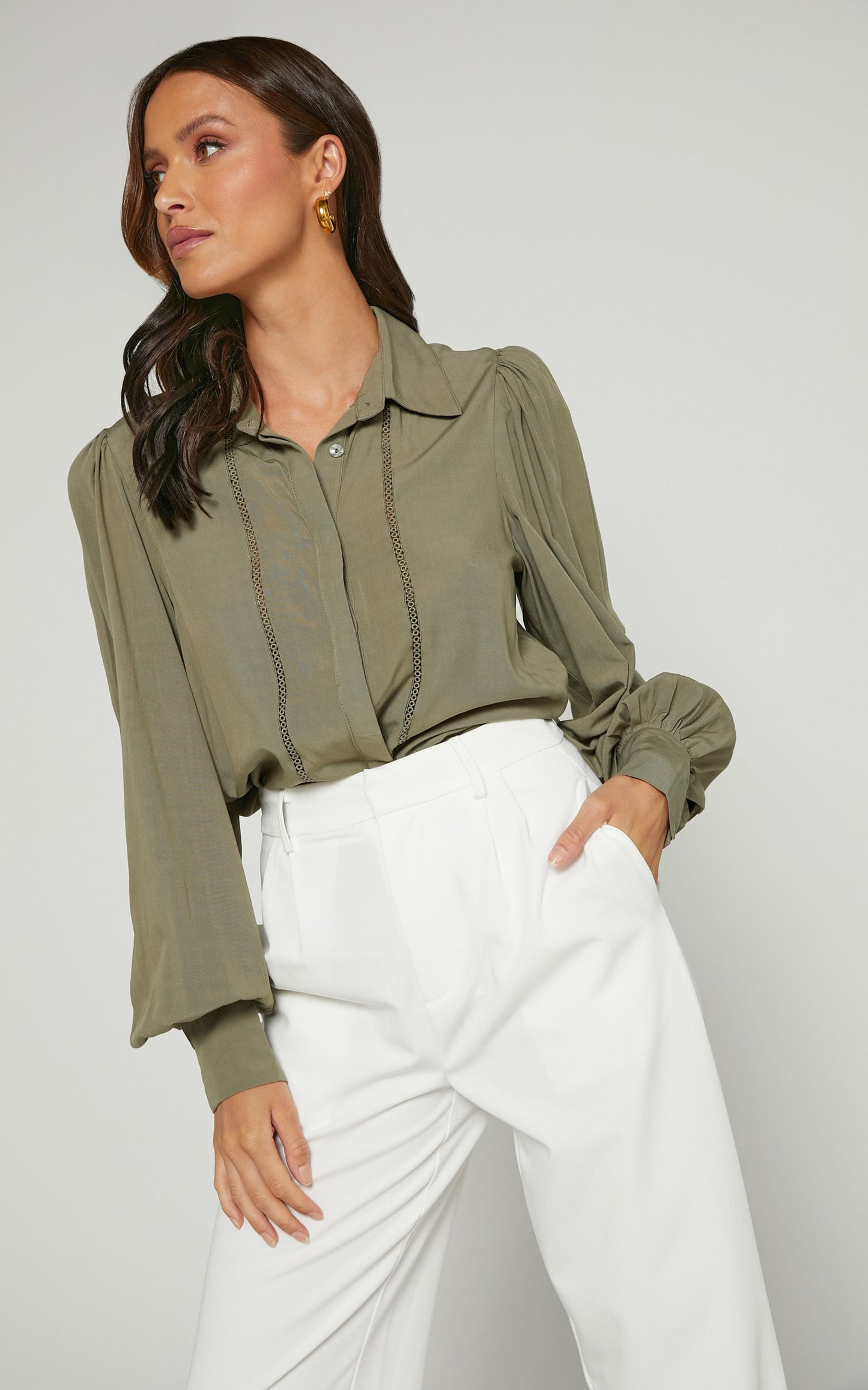 Alaric Blouse - Button Through Long Sleeve Blouse in Olive
