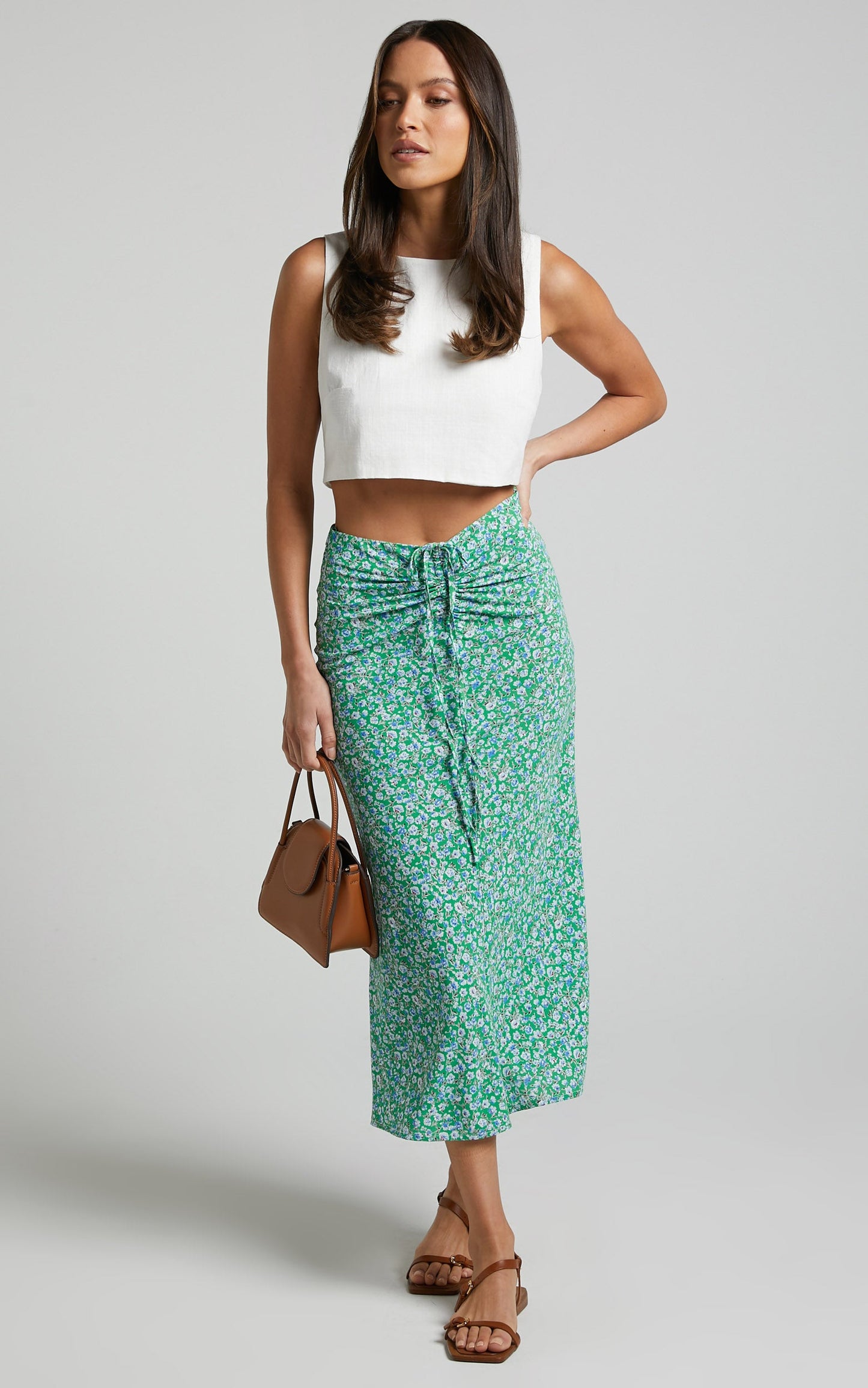 Alayssa Midi Skirt - Ruched Front Slip Skirt in Green Ditsy