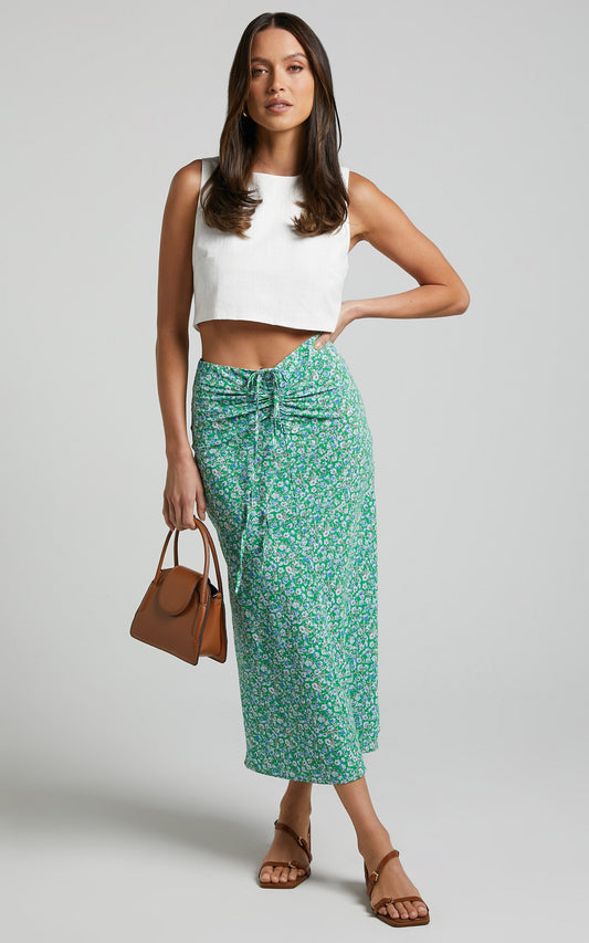 Alayssa Midi Skirt - Ruched Front Slip Skirt in Green Ditsy