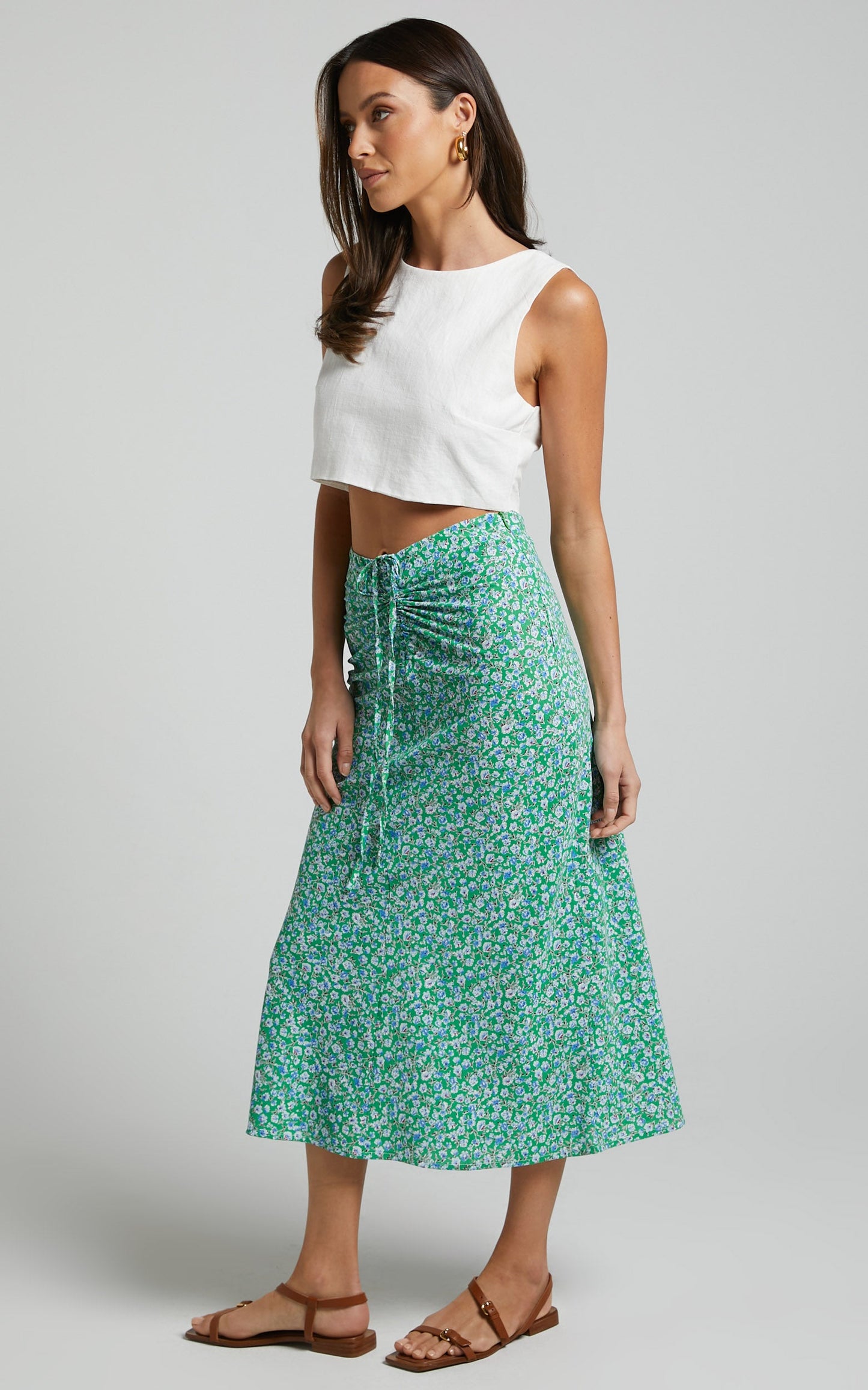 Alayssa Midi Skirt - Ruched Front Slip Skirt in Green Ditsy