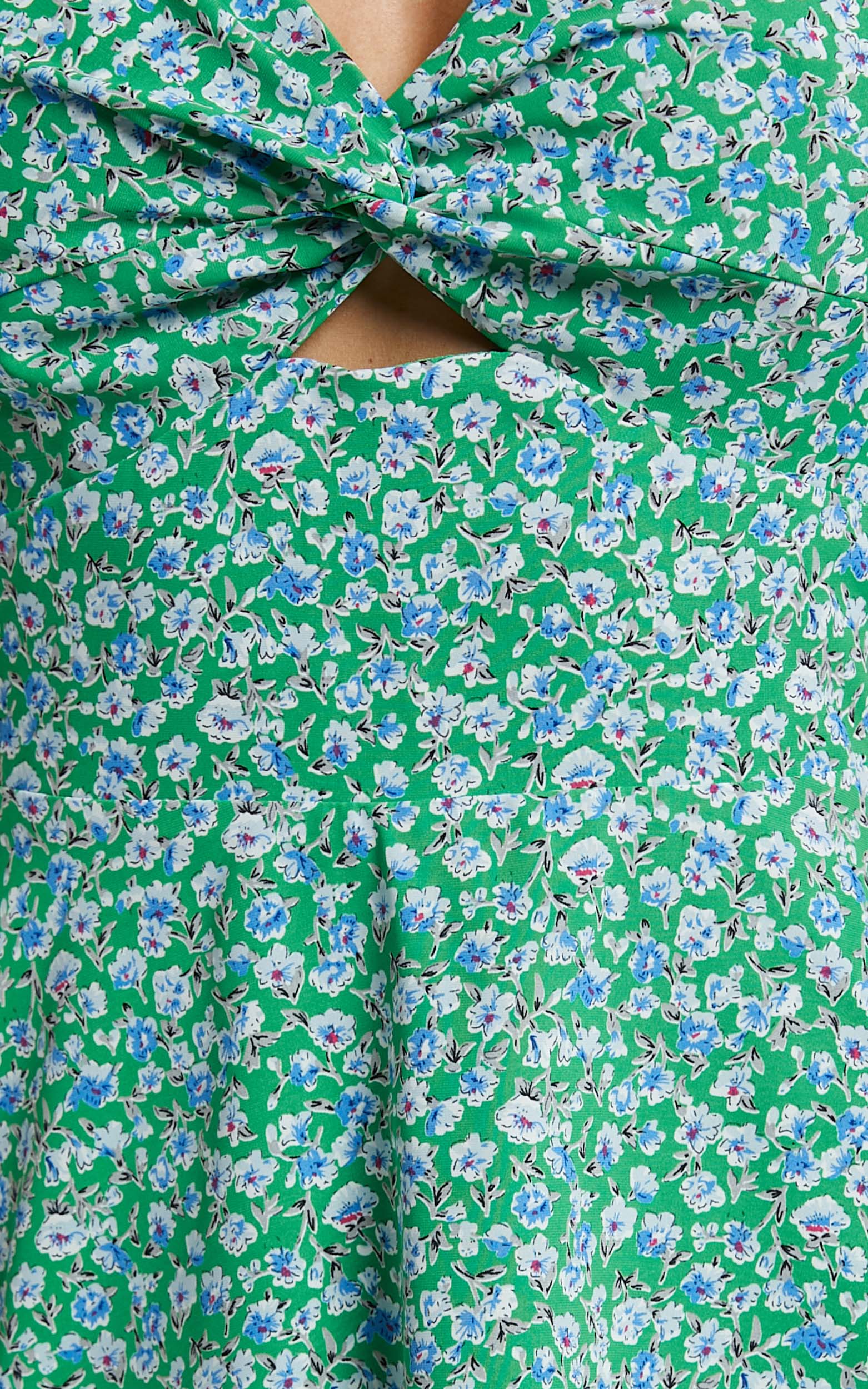 Alayssa Mini Dress - Twist Front Tie Shoulder Dress in Green Ditsy