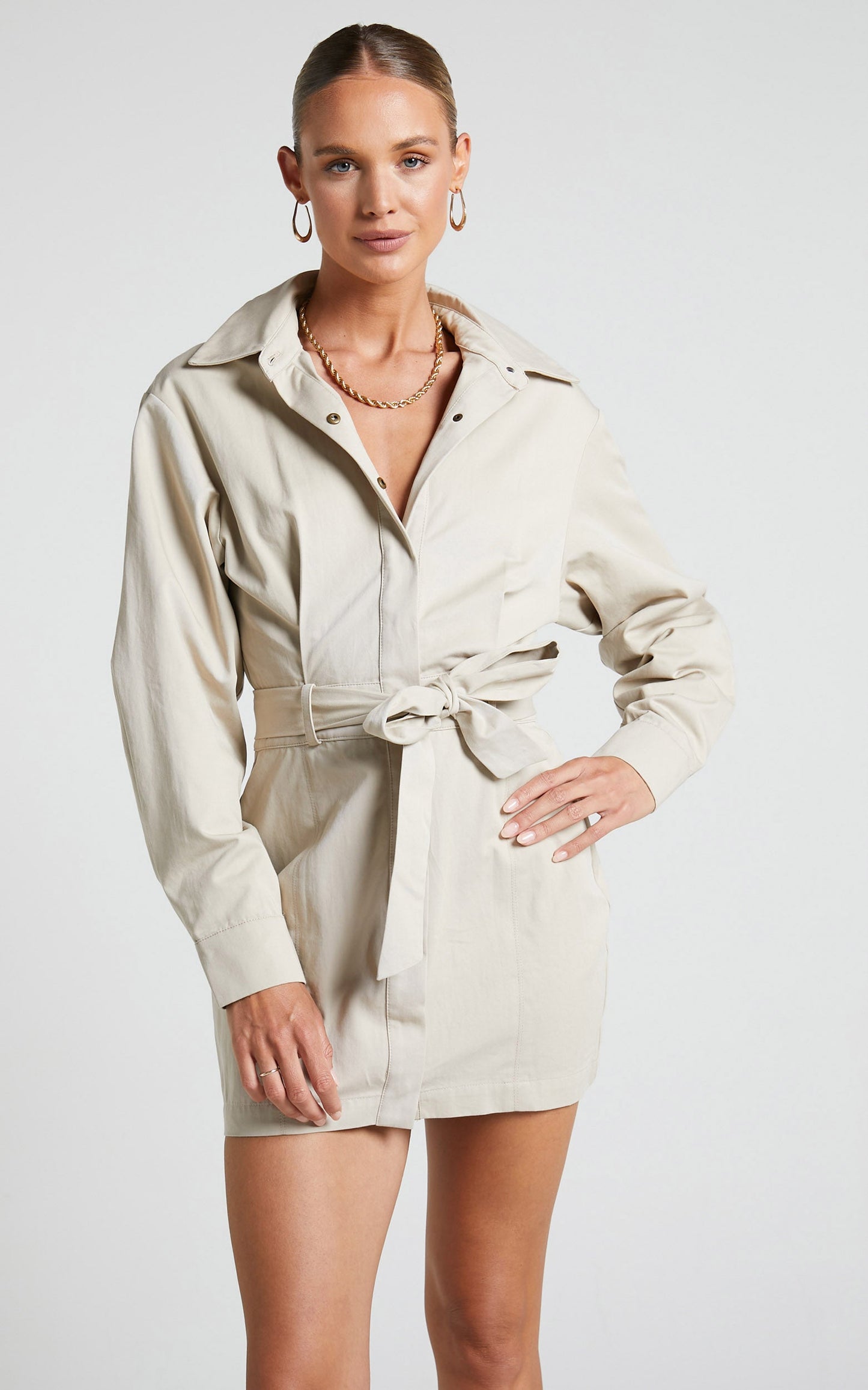 Albenna Mini Dress - Tie Waist Long Sleeve Shirt Dress in Stone