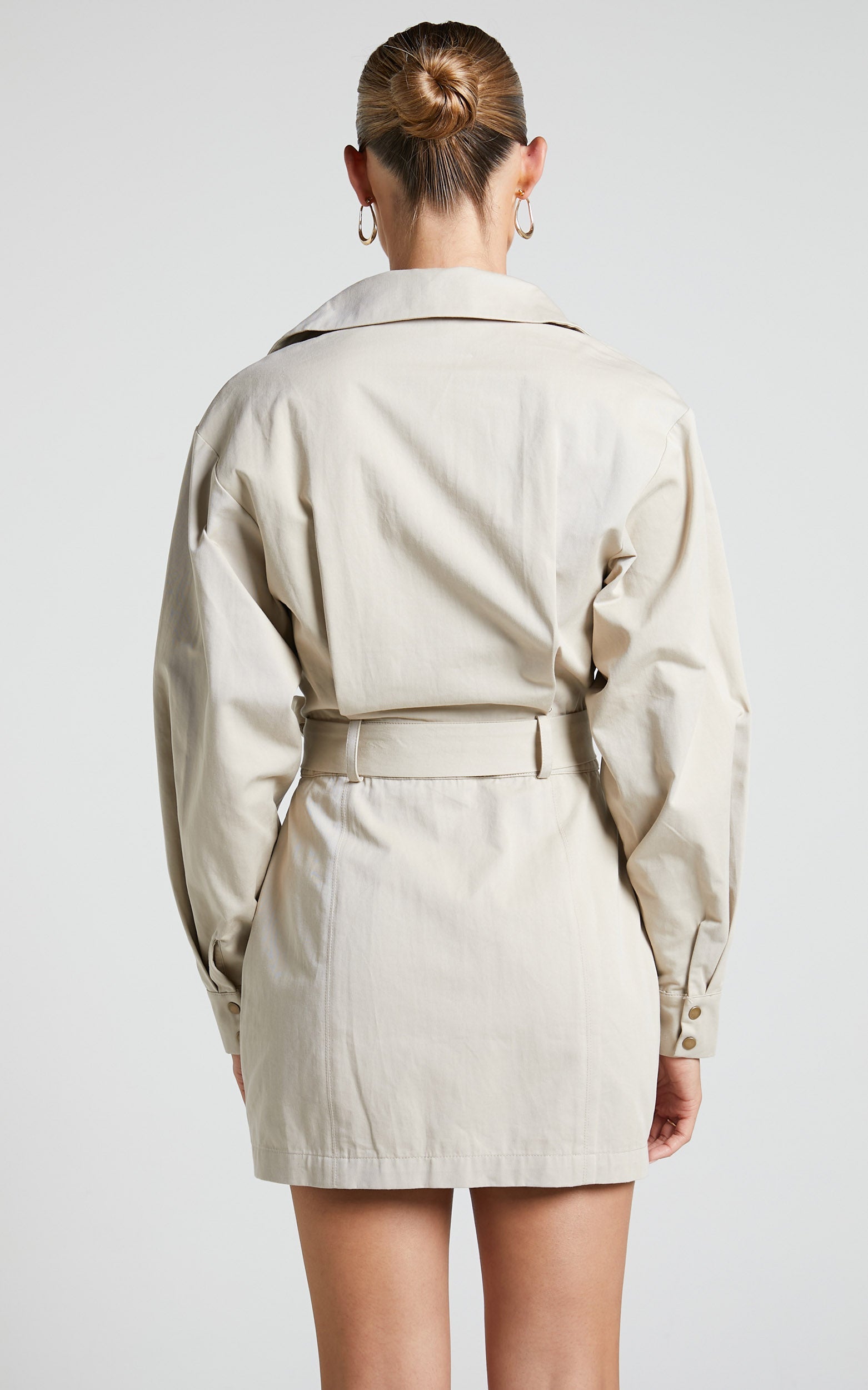 Albenna Mini Dress - Tie Waist Long Sleeve Shirt Dress in Stone