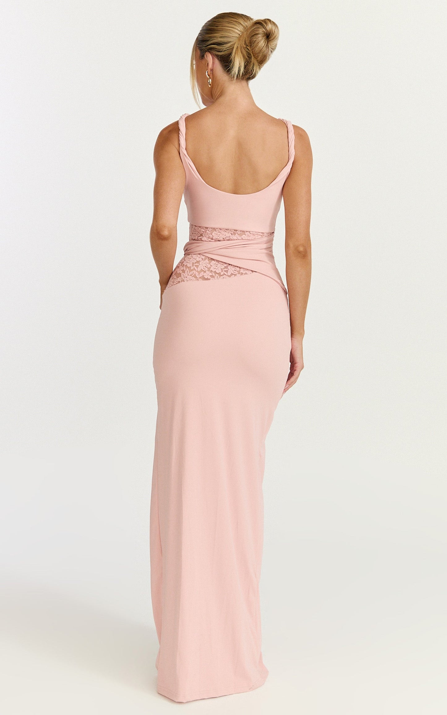Alberta Maxi Dress - Spliced Sheer Lace Column Dress in Pink