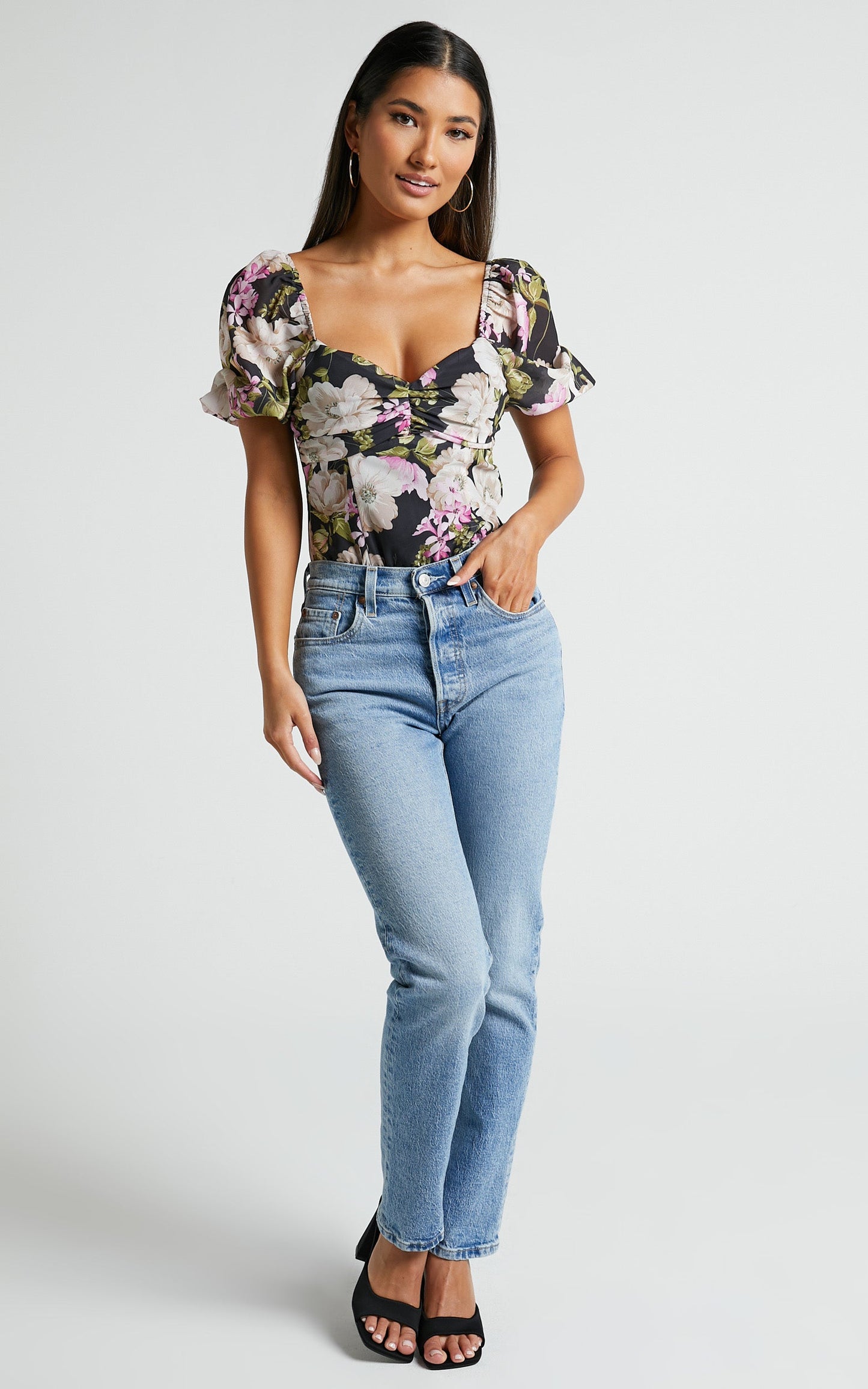 Alex Bodysuit - Short Puff Sleeve Bodysuit in Midnight Floral