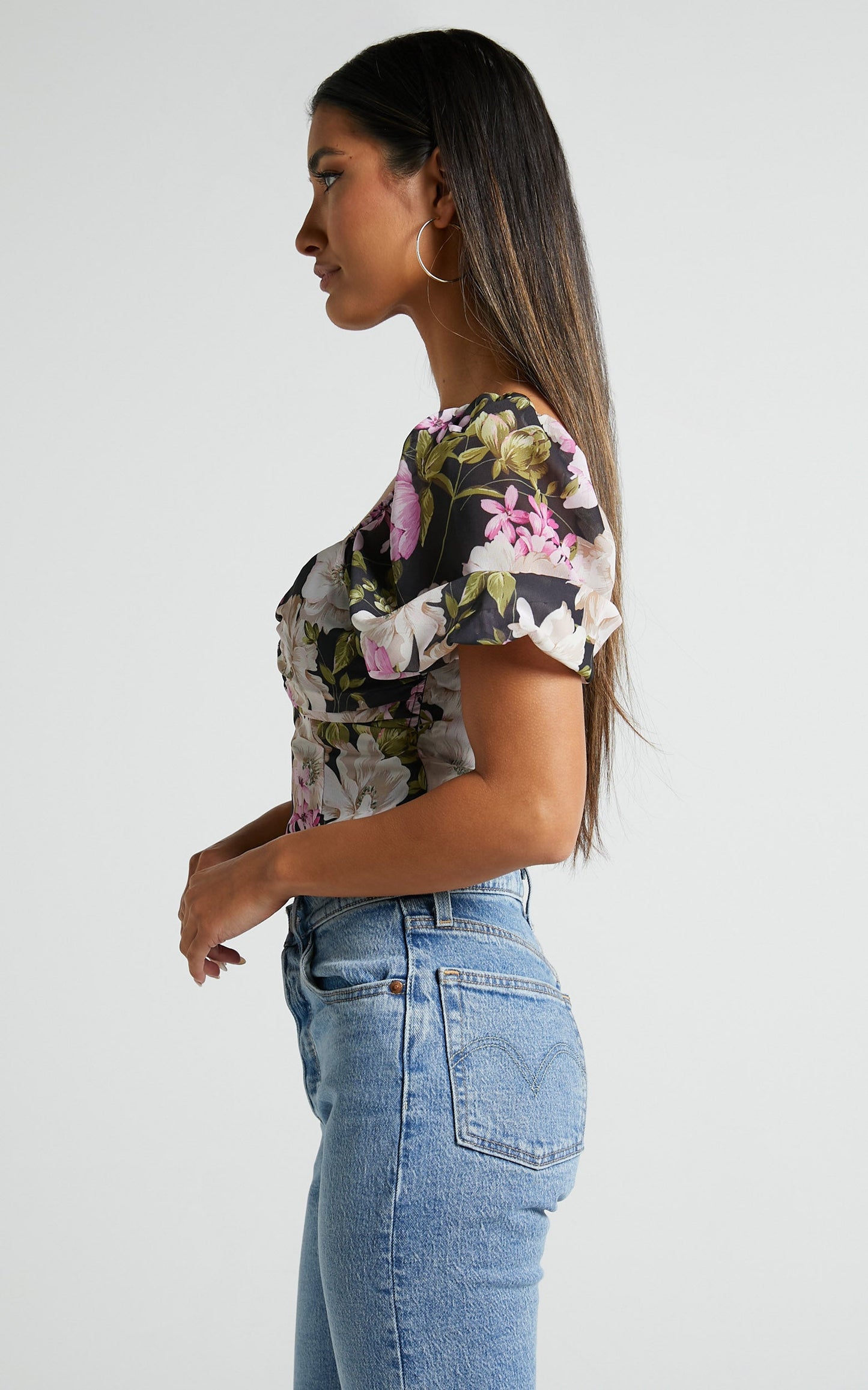 Alex Bodysuit - Short Puff Sleeve Bodysuit in Midnight Floral