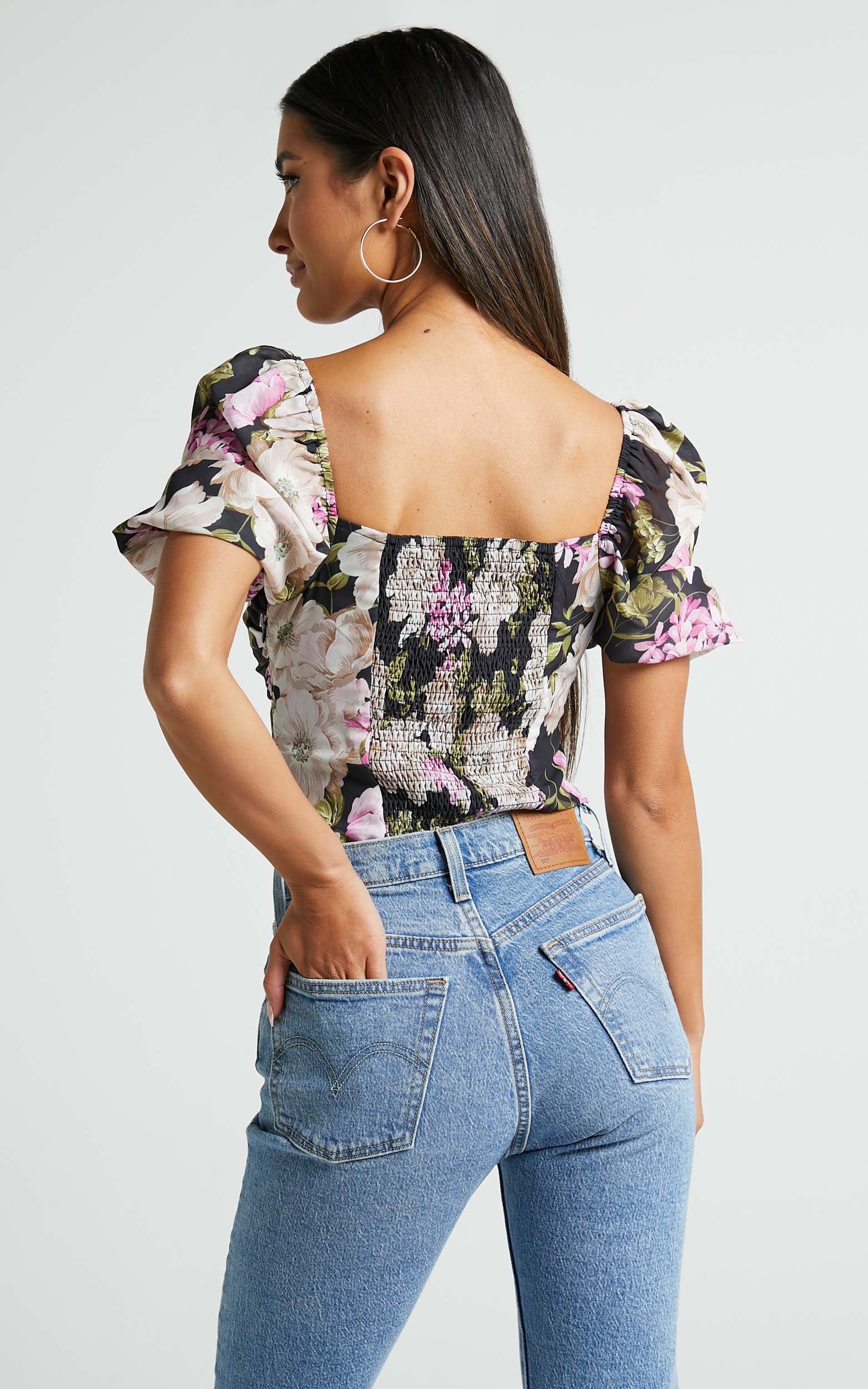Alex Bodysuit - Short Puff Sleeve Bodysuit in Midnight Floral