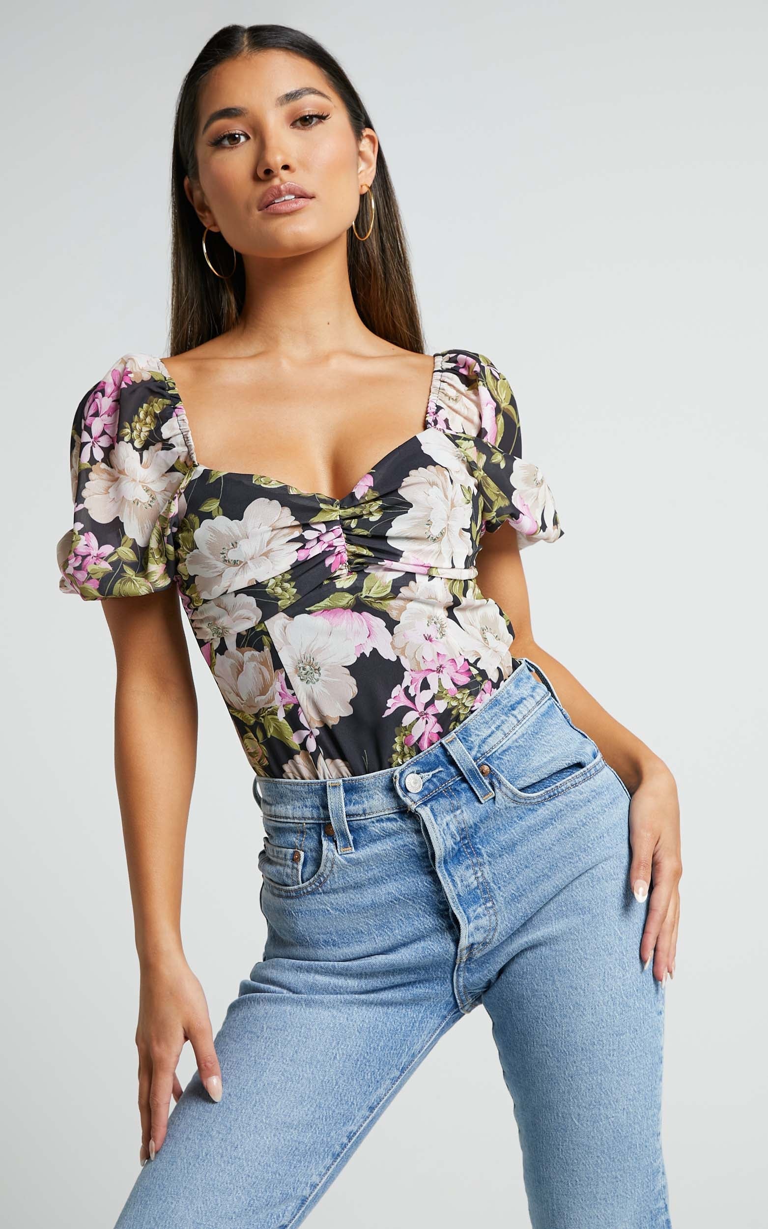 Alex Bodysuit - Short Puff Sleeve Bodysuit in Midnight Floral