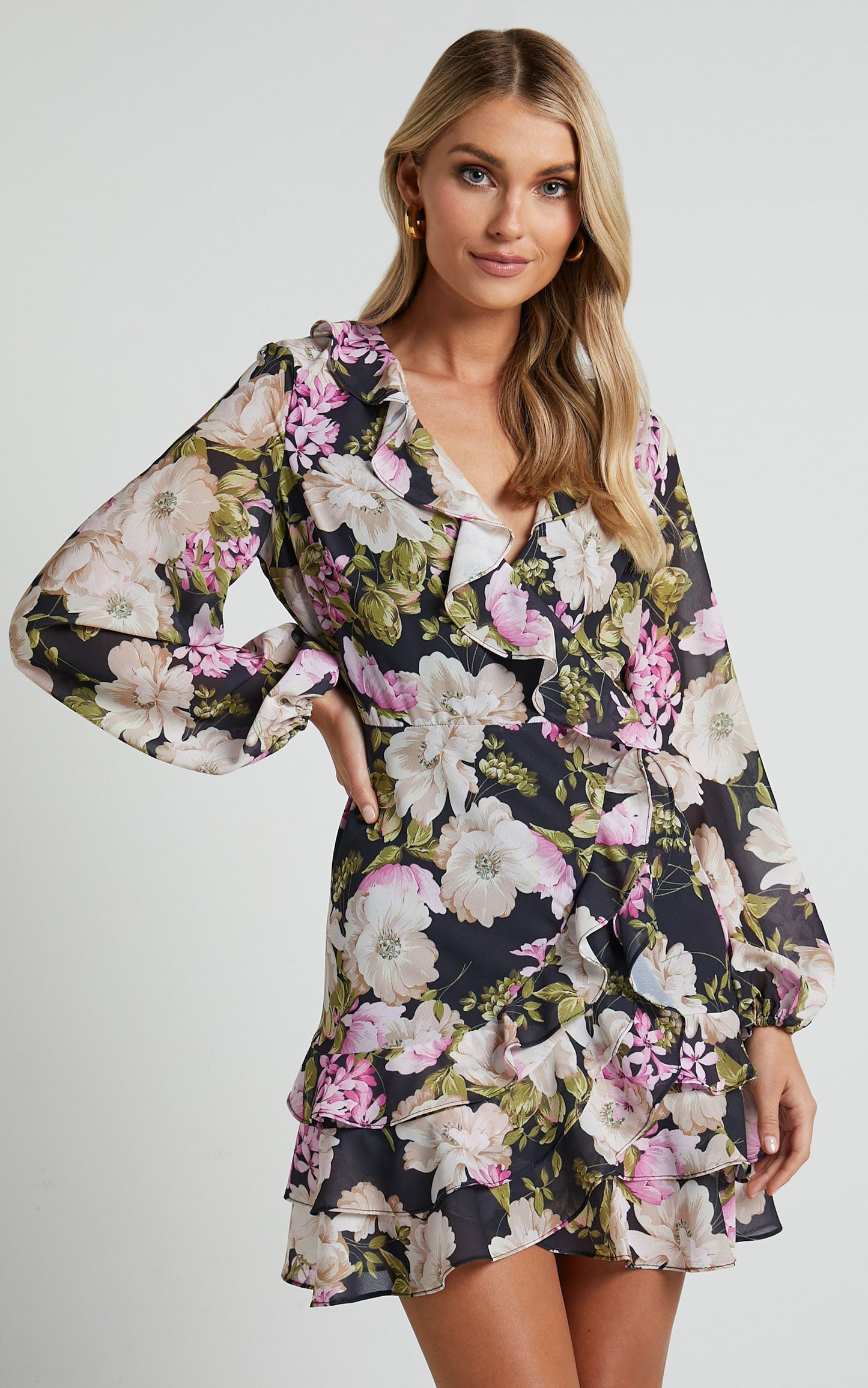 Alex Mini Dress - Long Sleeve Frill Detail Wrap Dress in Midnight Floral