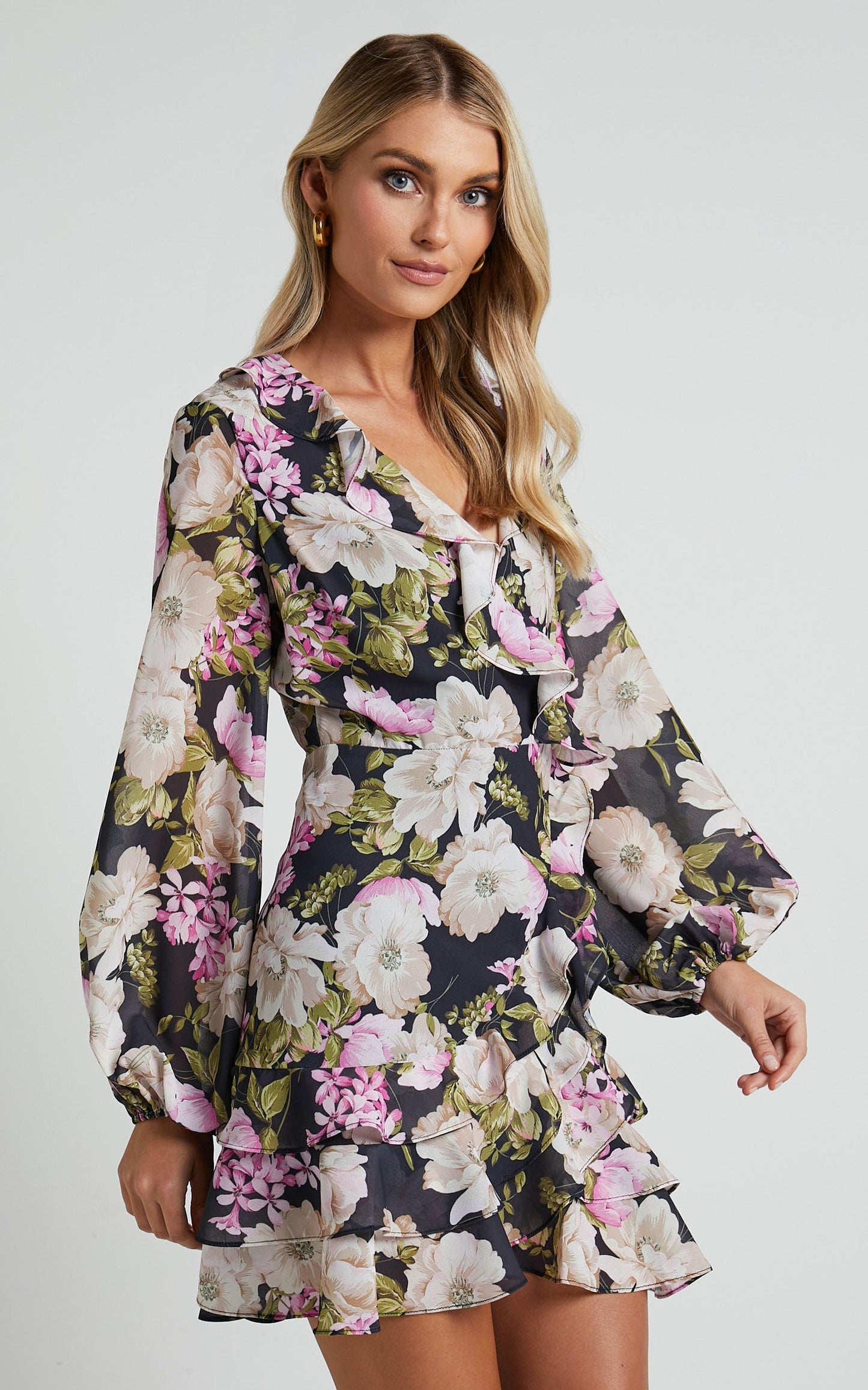 Alex Mini Dress - Long Sleeve Frill Detail Wrap Dress in Midnight Floral