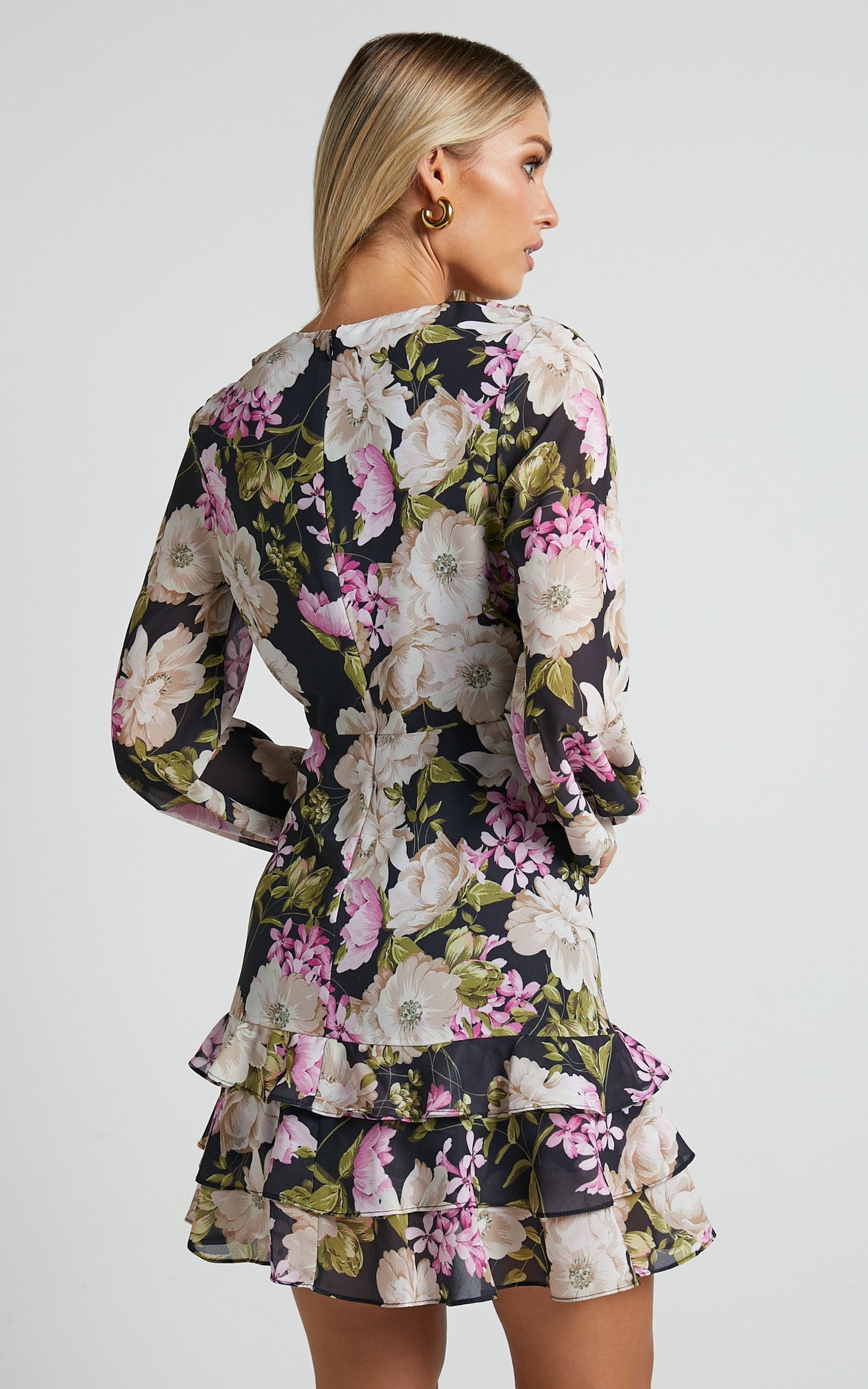 Alex Mini Dress - Long Sleeve Frill Detail Wrap Dress in Midnight Floral