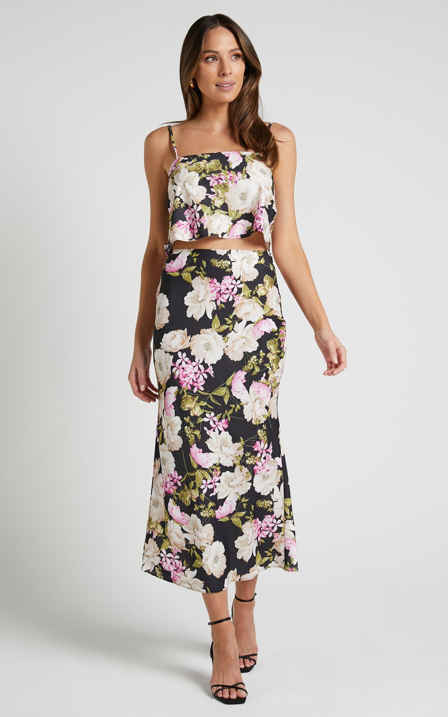 Alex Two Piece Set - Cami Top and Slip Midi Skirt Set in Midnight Floral