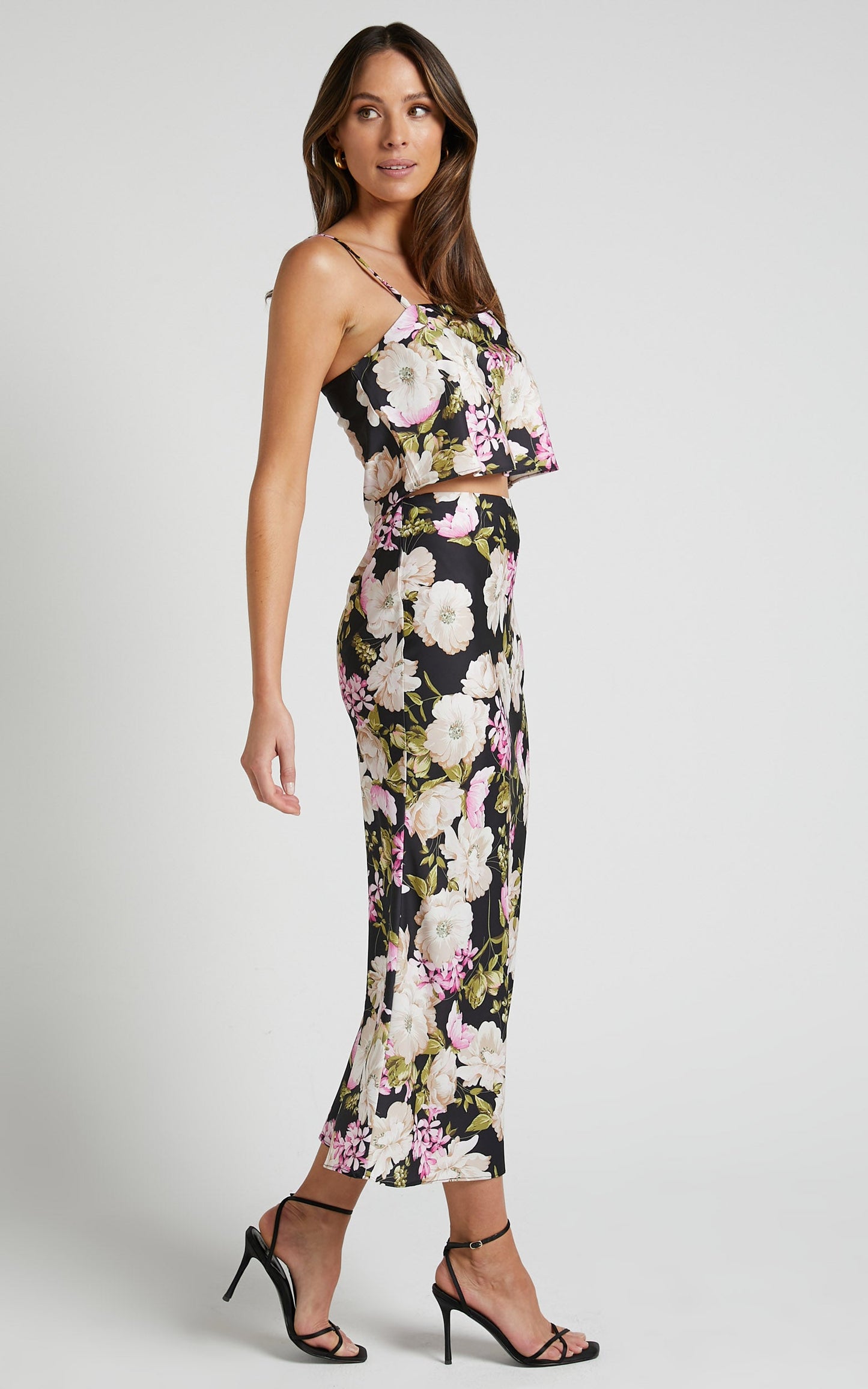 Alex Two Piece Set - Cami Top and Slip Midi Skirt Set in Midnight Floral