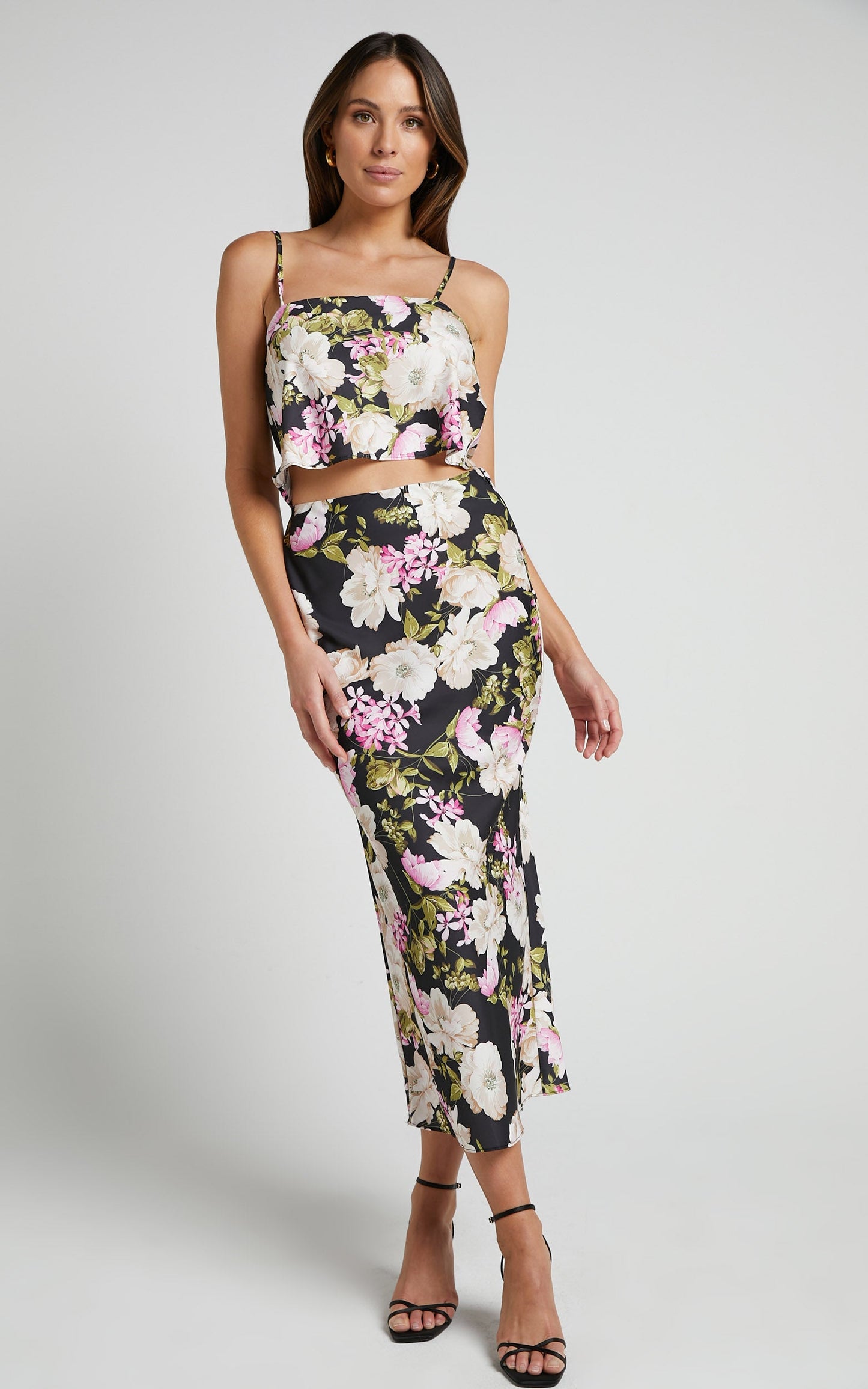 Alex Two Piece Set - Cami Top and Slip Midi Skirt Set in Midnight Floral