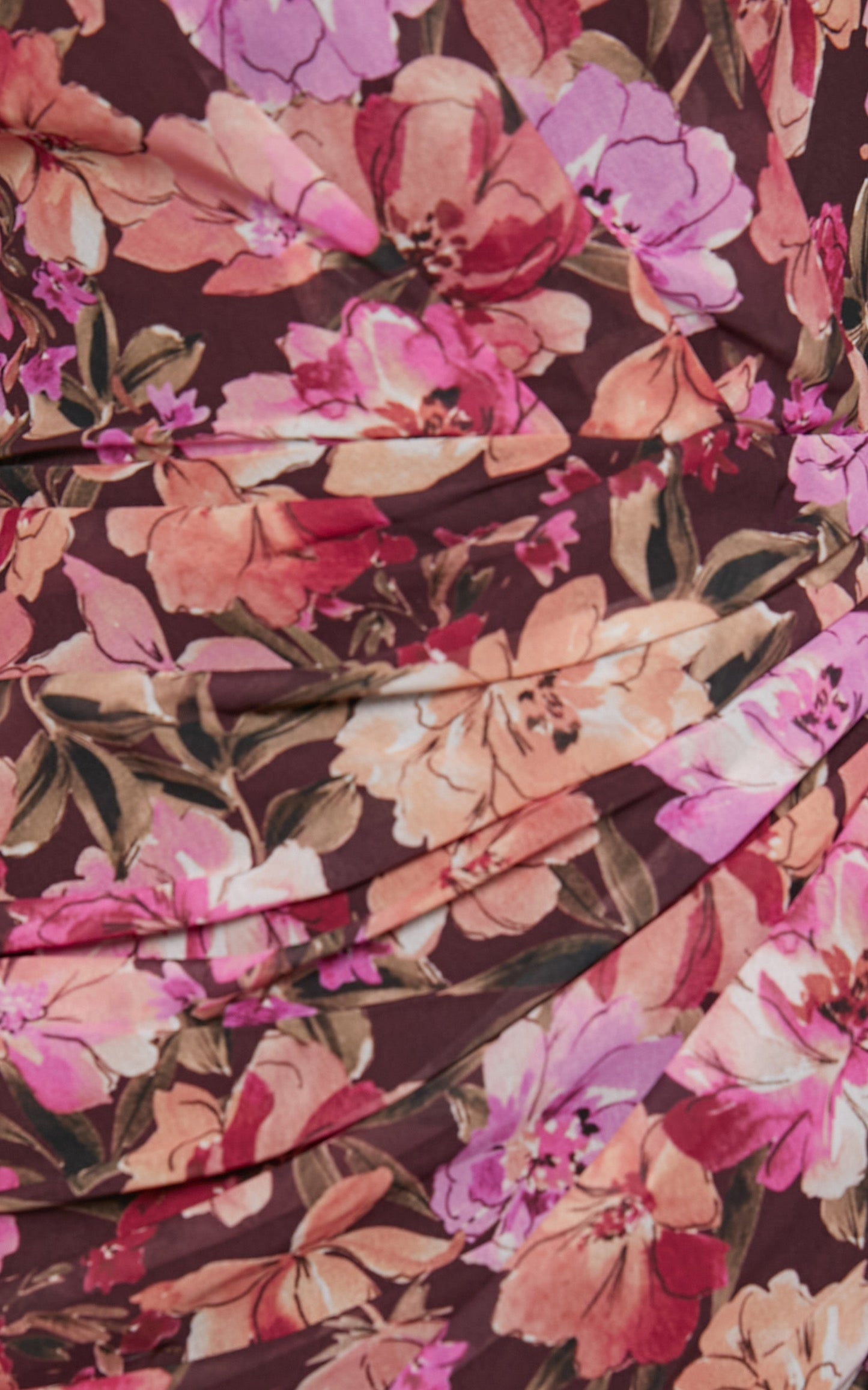 Alexandrea Mini Dress - One Shoulder Long Sleeve Ruched Frill Skirt Dress in Wine Floral