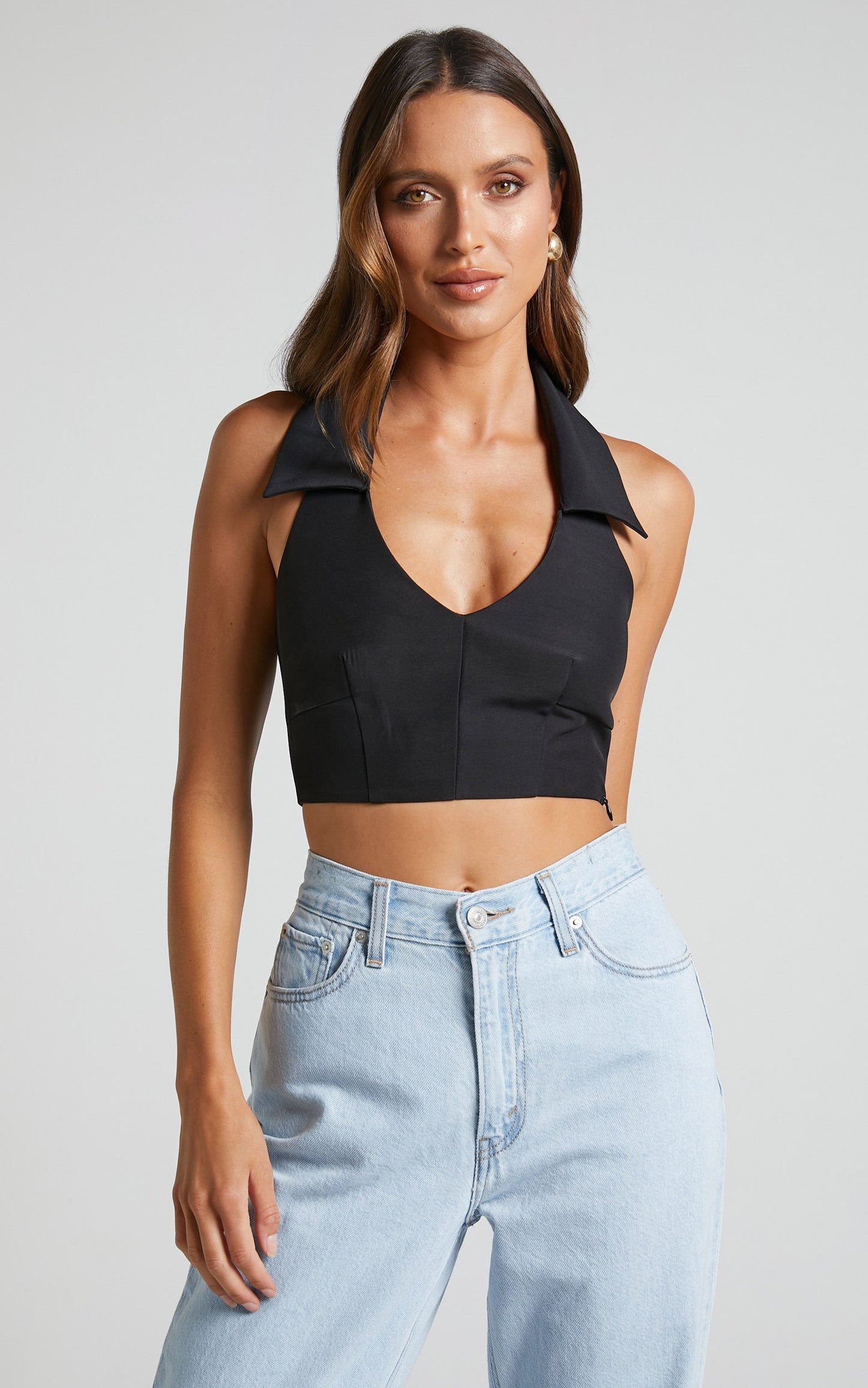 Alexandria Top - Collared Halter Crop Top in Black
