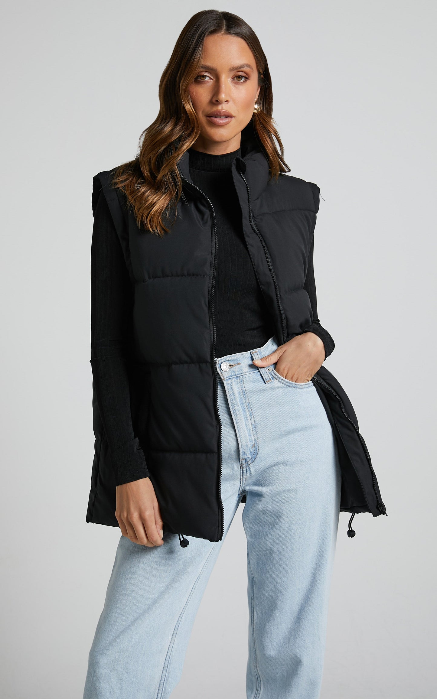 Alexei Vest - Linen Look Longline Puffer Vest in Black