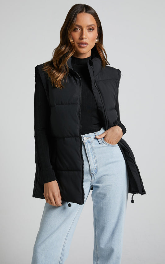 Alexei Vest - Linen Look Longline Puffer Vest in Black