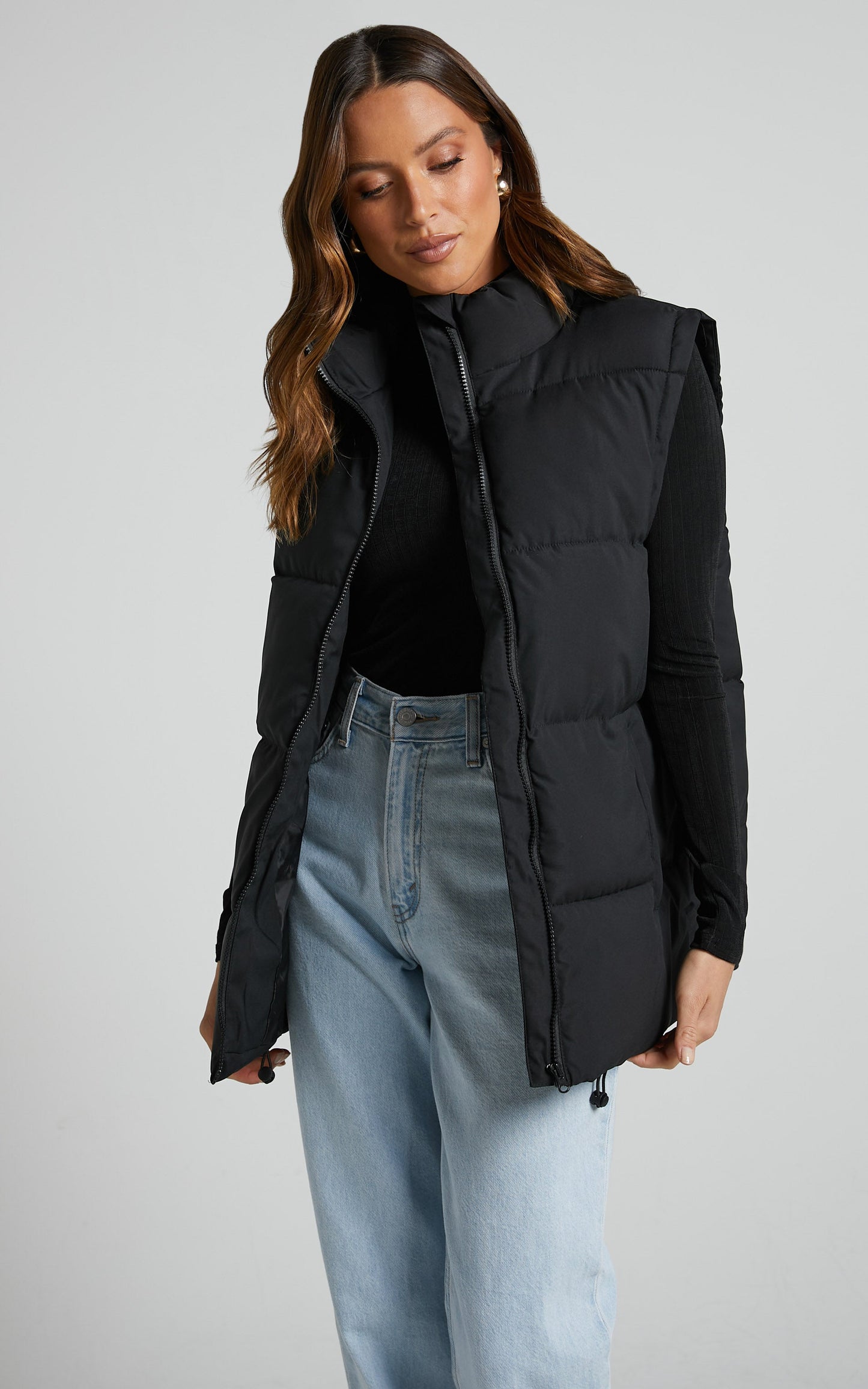 Alexei Vest - Linen Look Longline Puffer Vest in Black