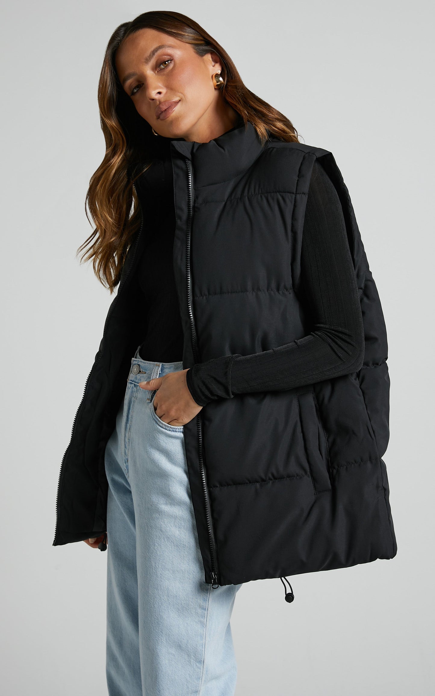 Alexei Vest - Linen Look Longline Puffer Vest in Black