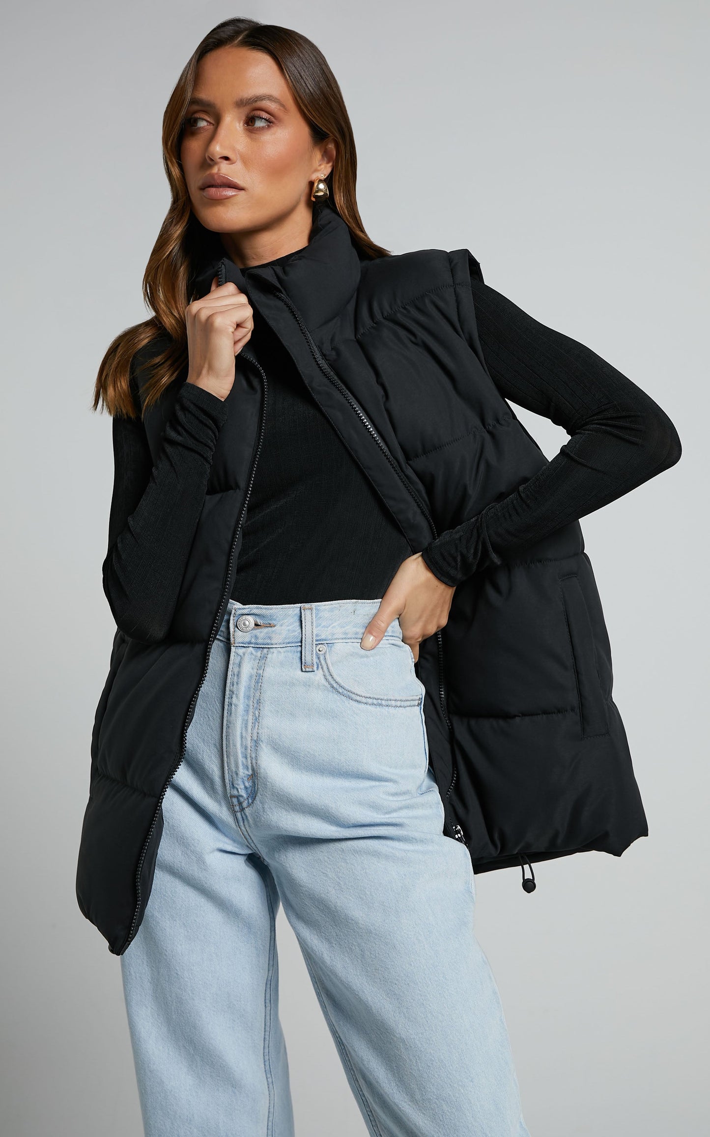 Alexei Vest - Linen Look Longline Puffer Vest in Black