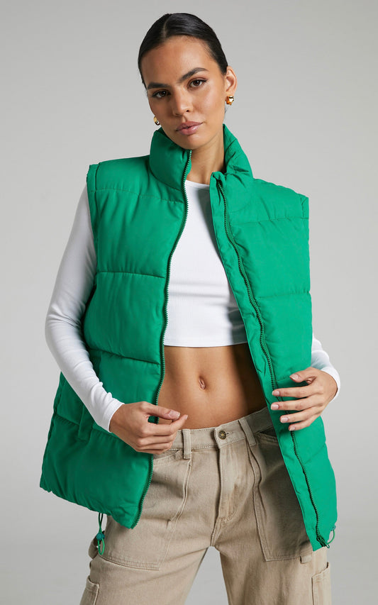 Alexei Vest - Linen Look Longline Puffer Vest in Green