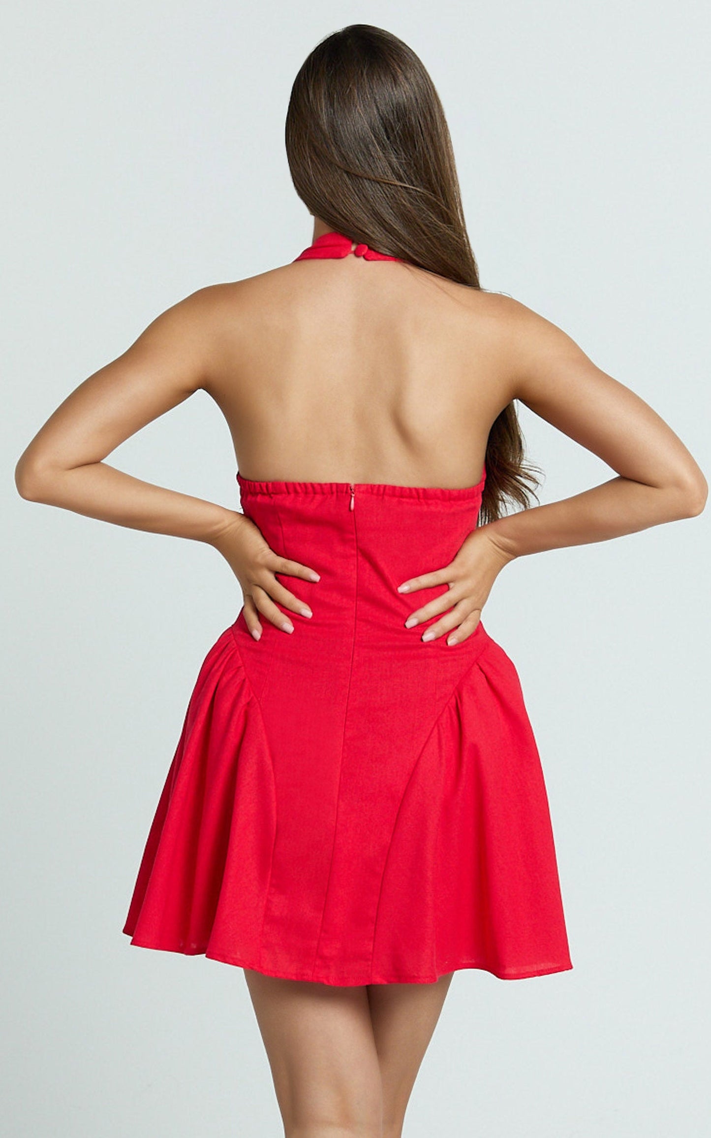 Alexi Mini Dress - Halter Deep V Fit And Flare Dress in Red