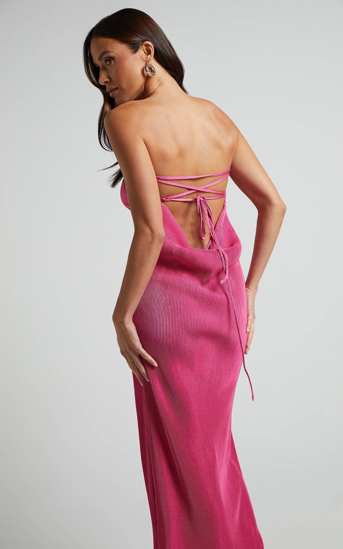 Alexis Midi Dress - Strapless Plisse Dress in Pink