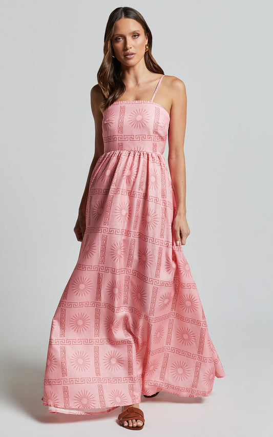 Alexis Midi Dress - Strappy Straight Neck A Line Dress in Pink Print