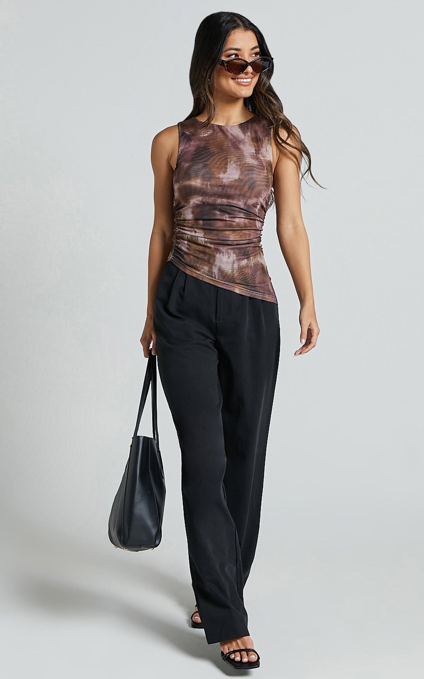 Alexis Top - Boat Neck Ruched Asymmetric Mesh Top in Rustic Haze Print