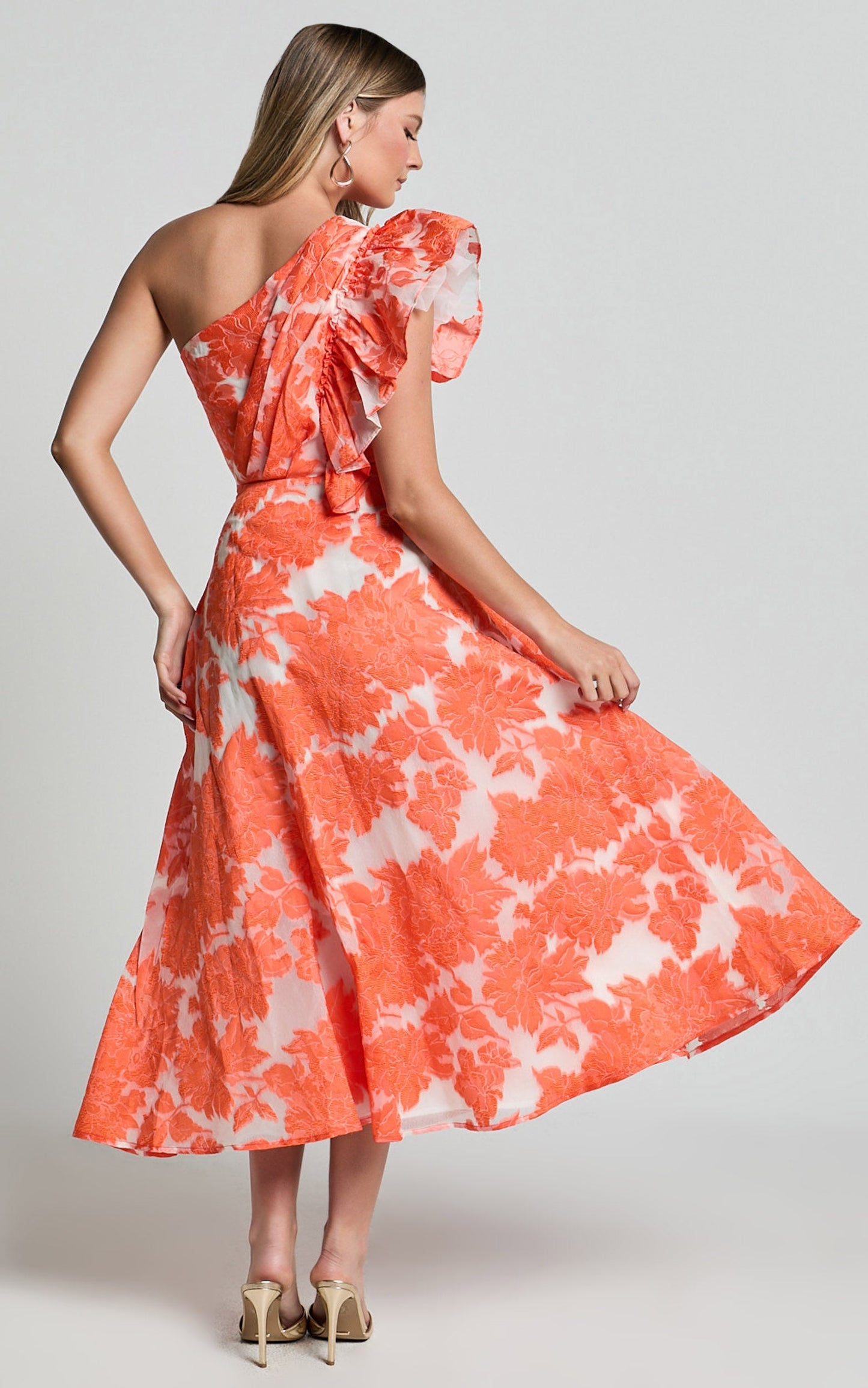 Alfreda Midi Dress - One Shoulder Ruffle Detail Brailey Jacquard Dress in Orange Jacquard