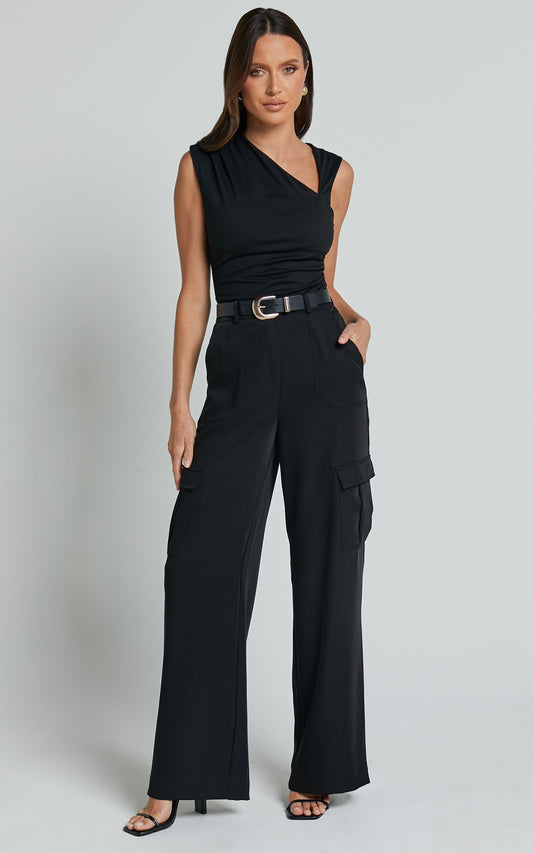 Alfreda Pants - High Waisted Cargo Straight Leg Pants in Black