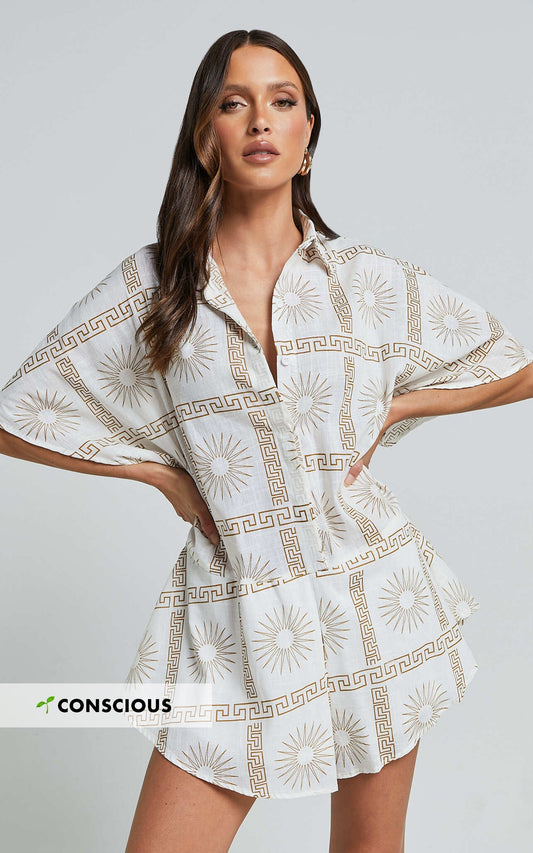 Alice Playsuit - Short Sleeve Linen Relaxed Button Up Playsuit in White & Brown Sun Print