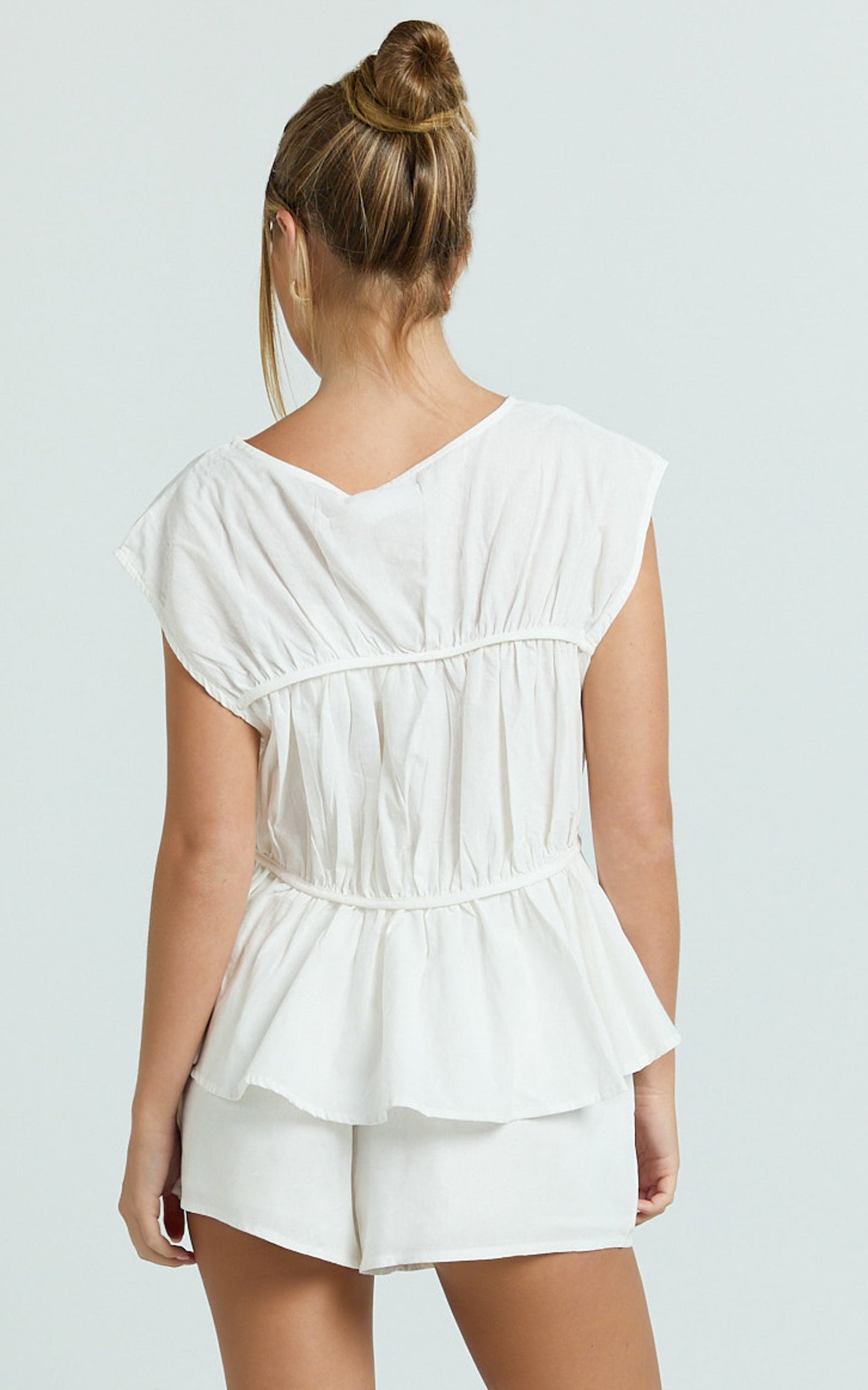 Alina Two Piece Set - Ruched Detail Top and Short Pants Set in White