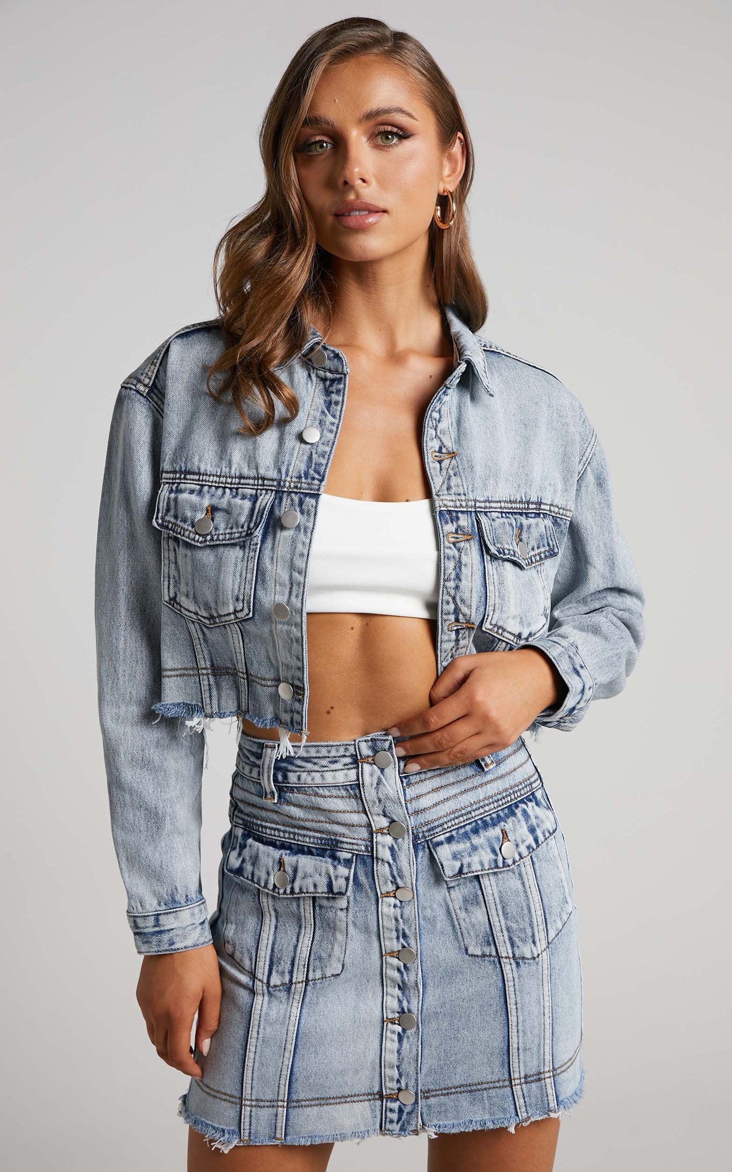 Alishba Jacket - Cotton Contrast Denim Jacket in Light Blue Wash